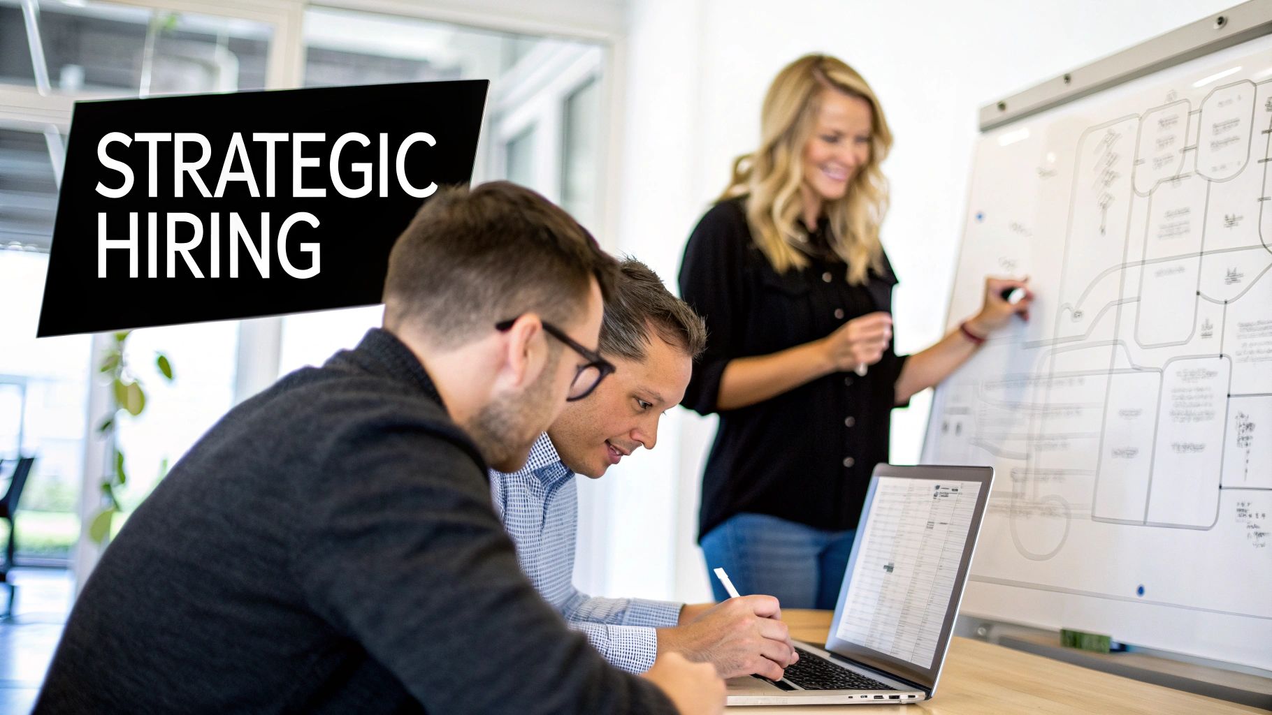 Three colleagues in an office collaborate on strategic hiring, with one woman writing on a whiteboard and two men working on a laptop.
