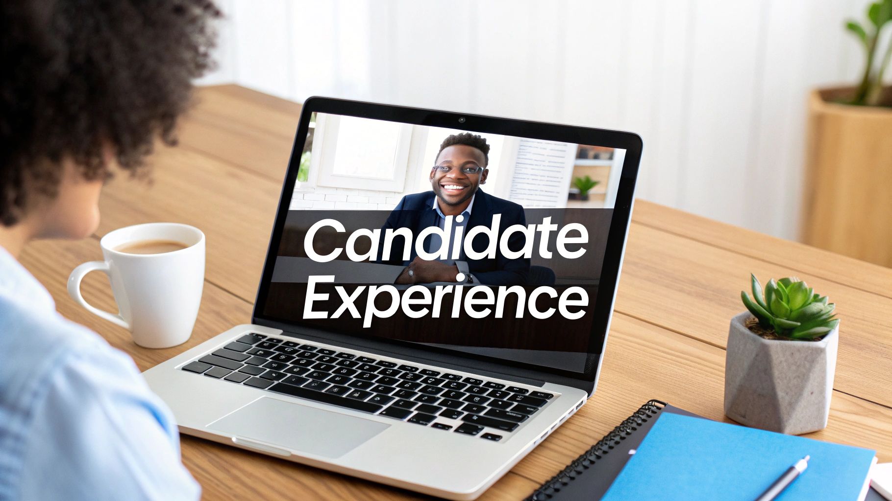 Person viewing 'Candidate Experience' text and a smiling man on a laptop screen during a virtual interview.