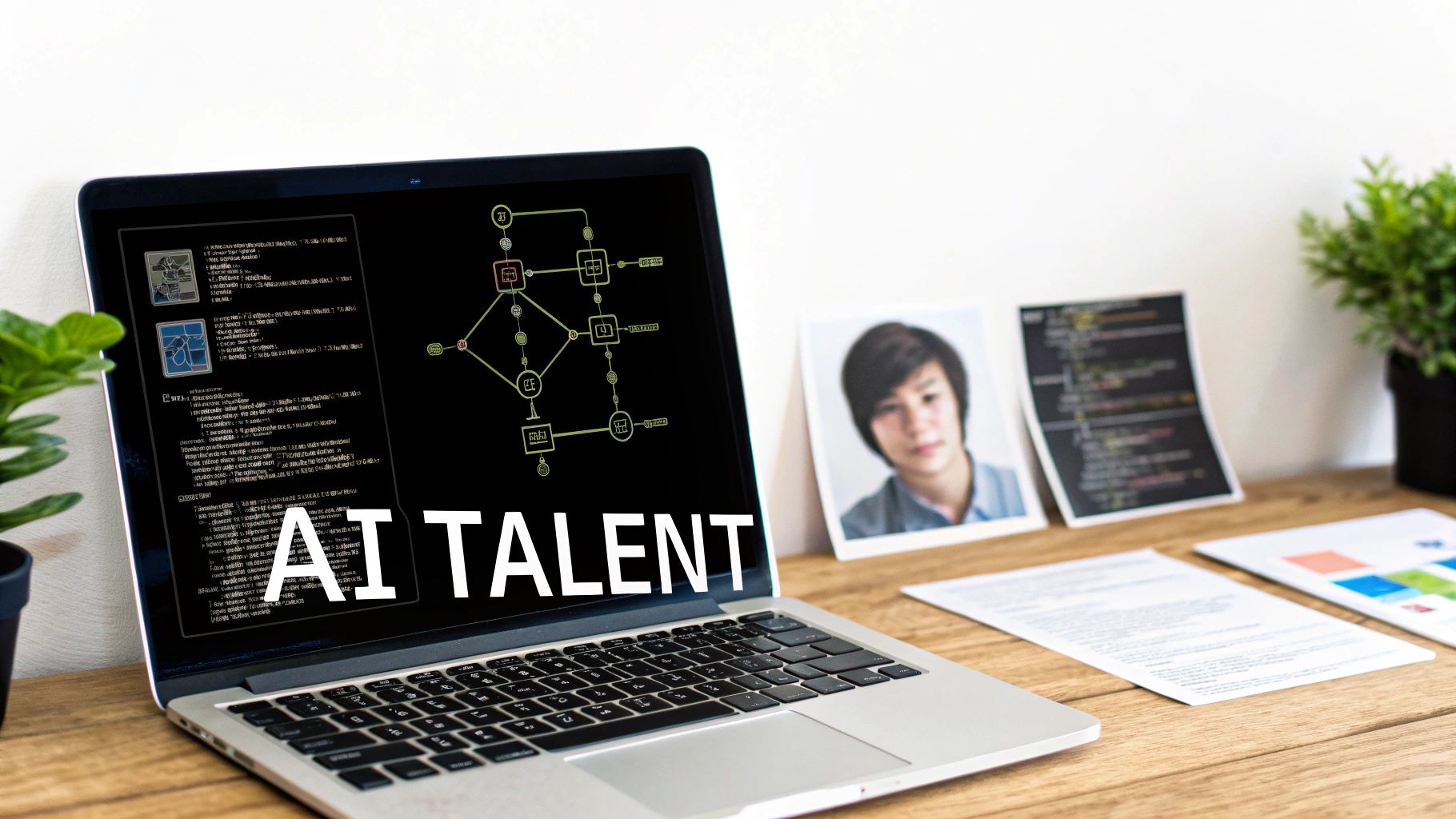 Laptop screen displaying 'AI TALENT' with code and diagrams on a wooden desk with a photo and documents.