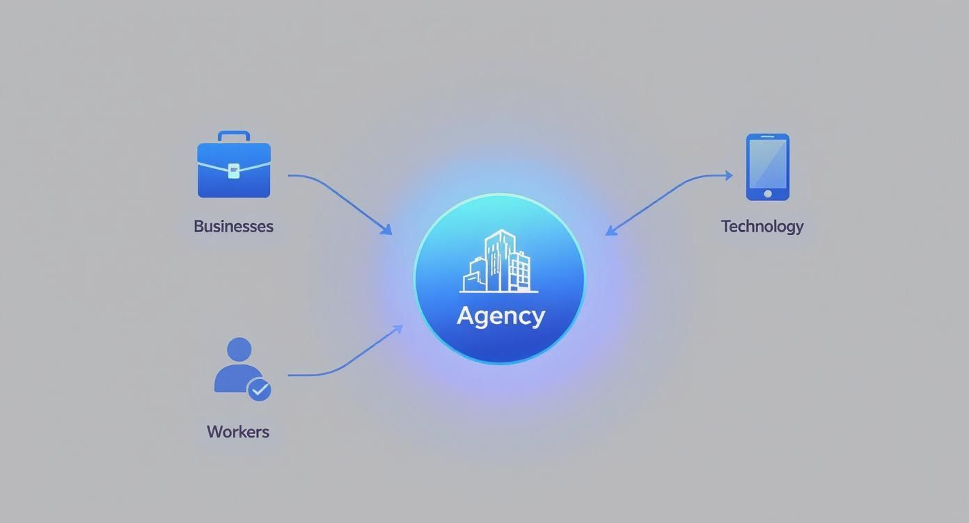 A diagram illustrates an agency connecting businesses, technology, and workers, represented by blue icons and arrows.