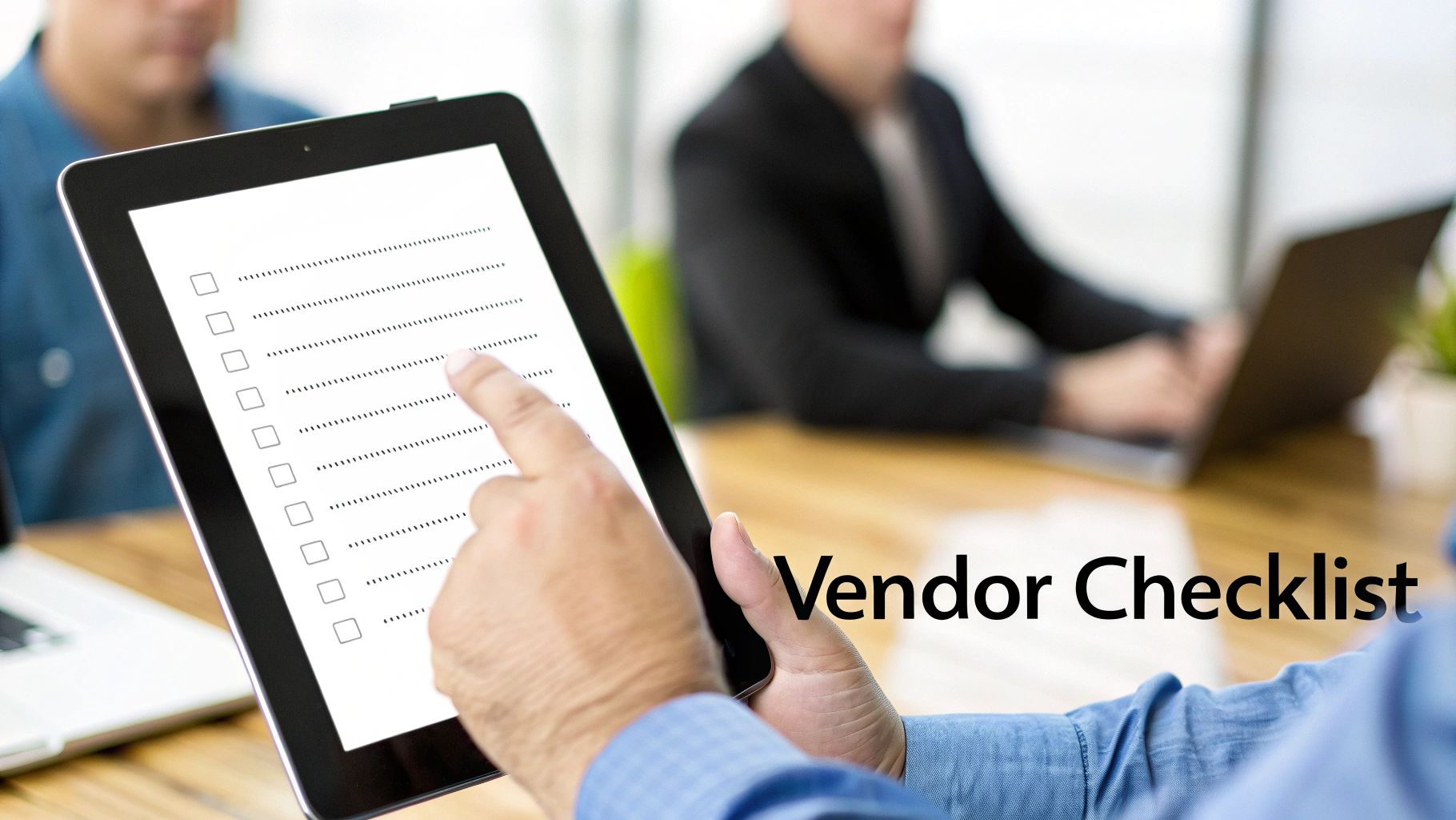 A hand interacts with a digital tablet displaying a vendor checklist during a business meeting.