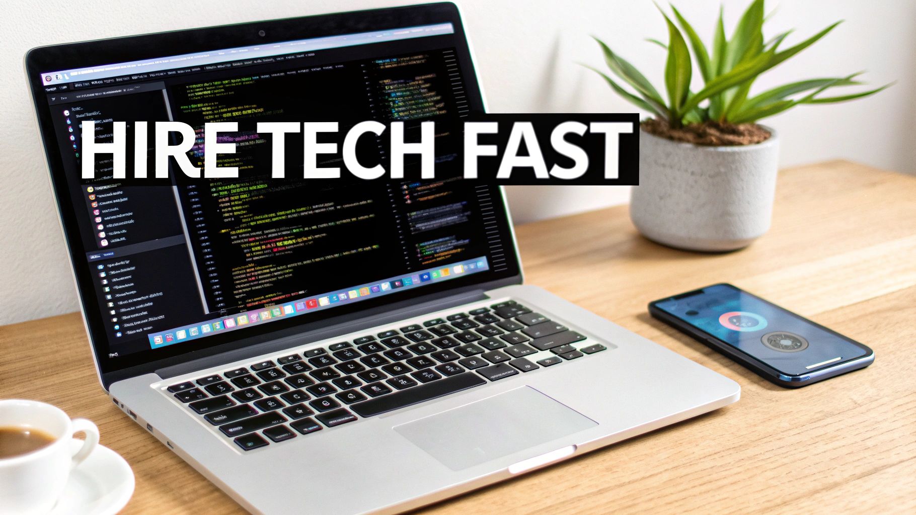 A laptop displaying code with 'HIRE TECH FAST' overlay, next to a smartphone, plant, and coffee on a wooden desk.