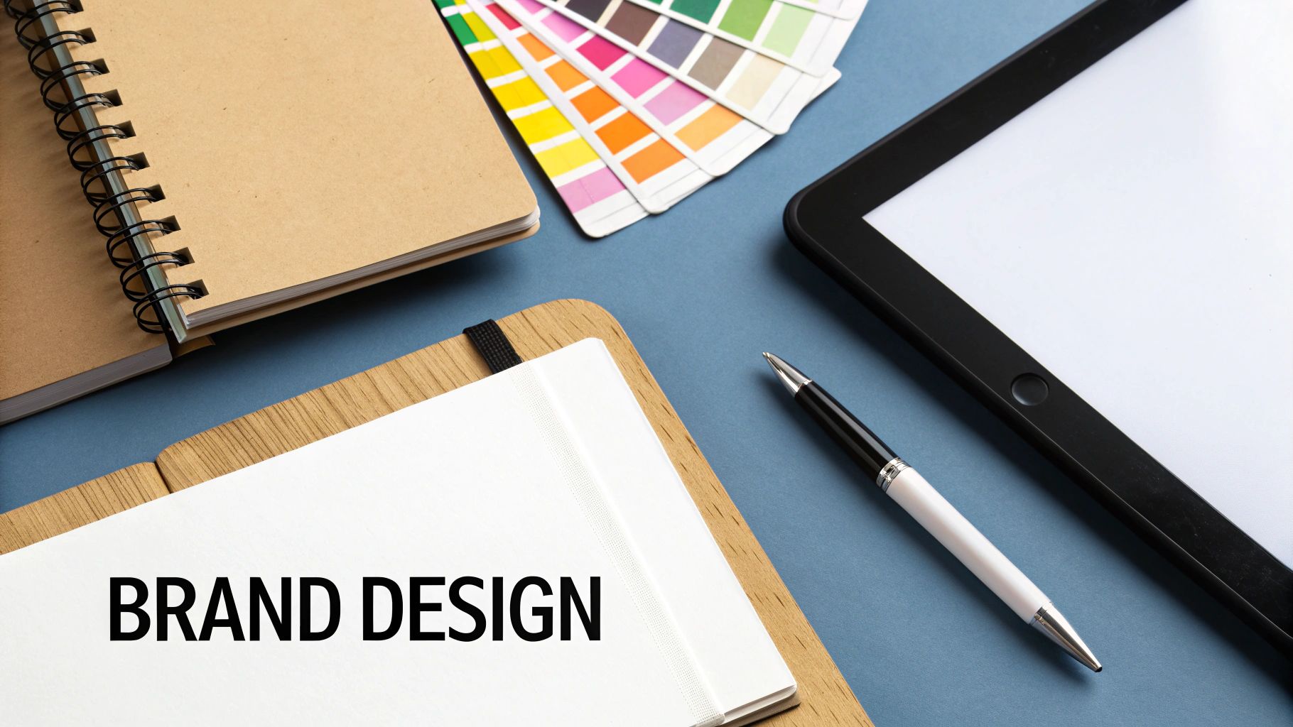 A flat lay of design tools including notebooks, a color palette fan, tablet, and pen, with 'BRAND DESIGN' text.