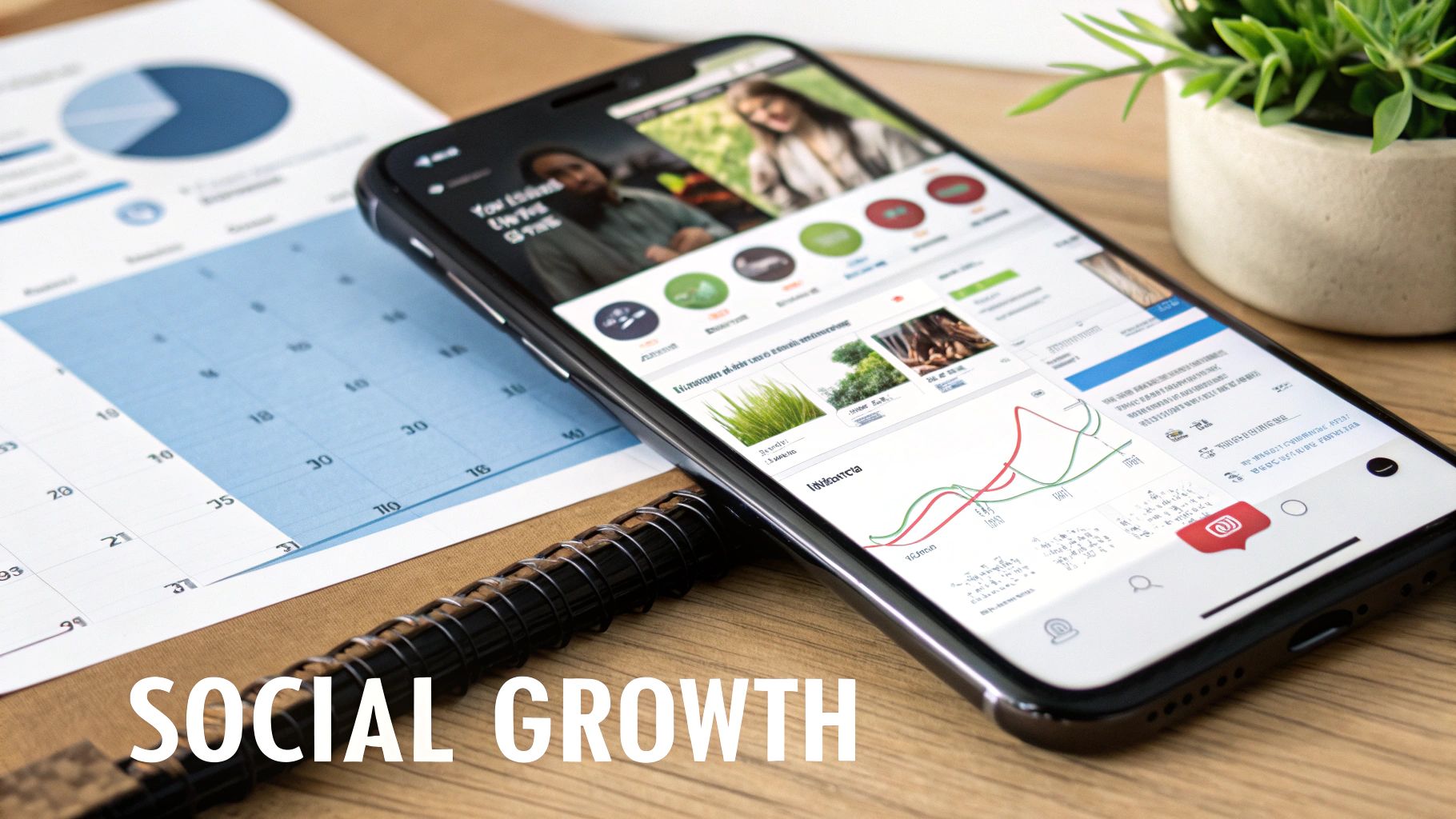 Smartphone displaying social media growth graphs next to business documents and a plant on a desk.
