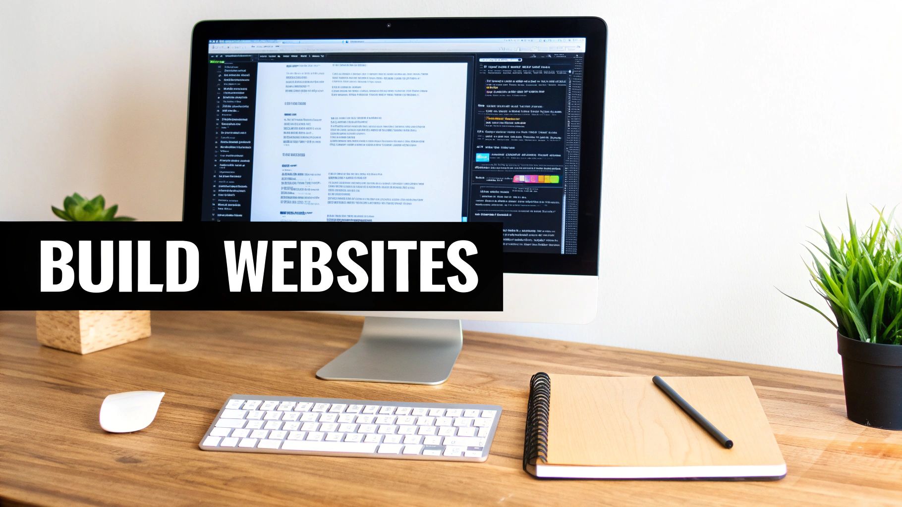 A minimalist desk setup with a computer displaying website code and the text "BUILD WEBSITES".