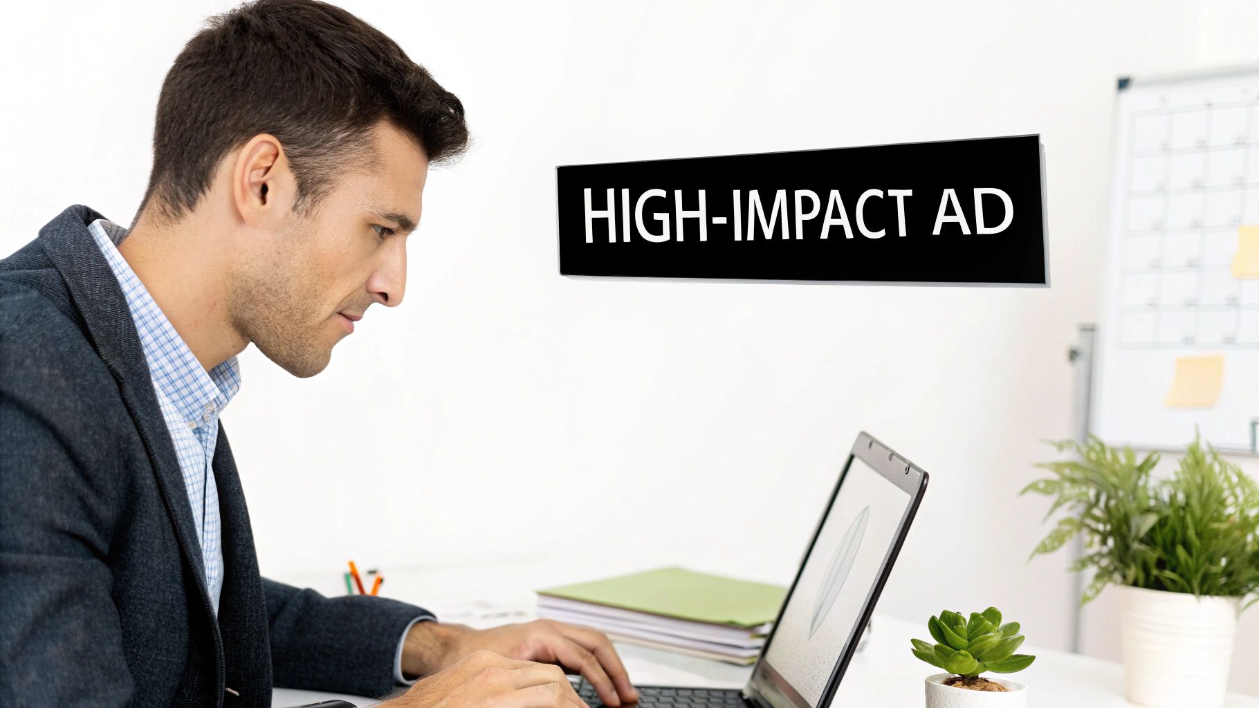 Man focused on a laptop screen, with a 'High-Impact Ad' sign on the white wall.