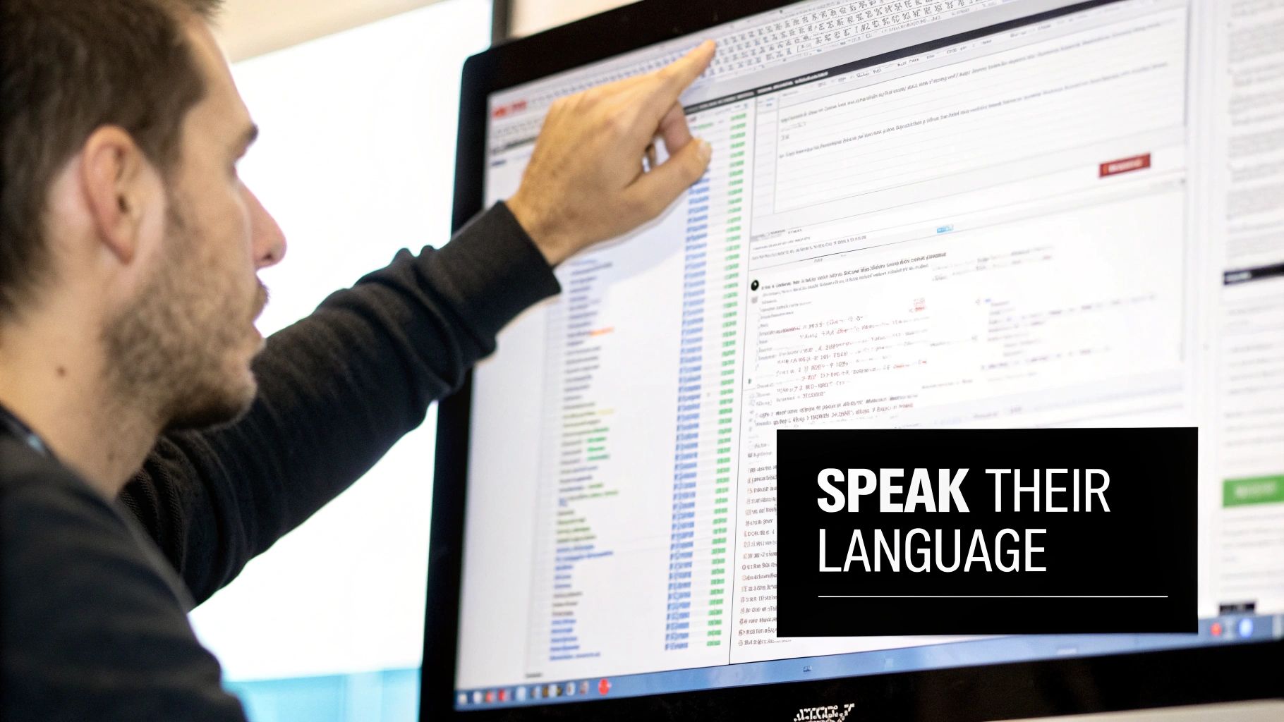 Side view of a man pointing at a computer monitor displaying various information and a "SPEAK THEIR LANGUAGE" text box.