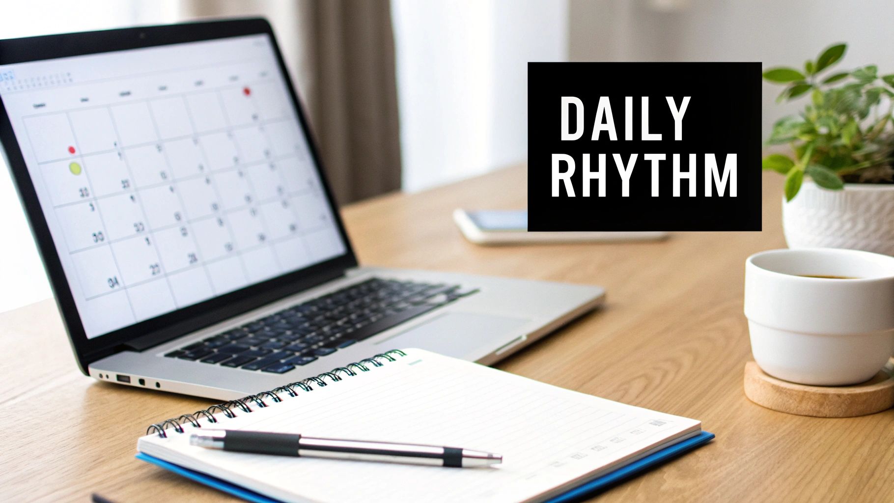 A wooden desk with a laptop displaying a calendar, a notebook, pen, coffee cup, and a plant, with 'DAILY RHYTHM' text.