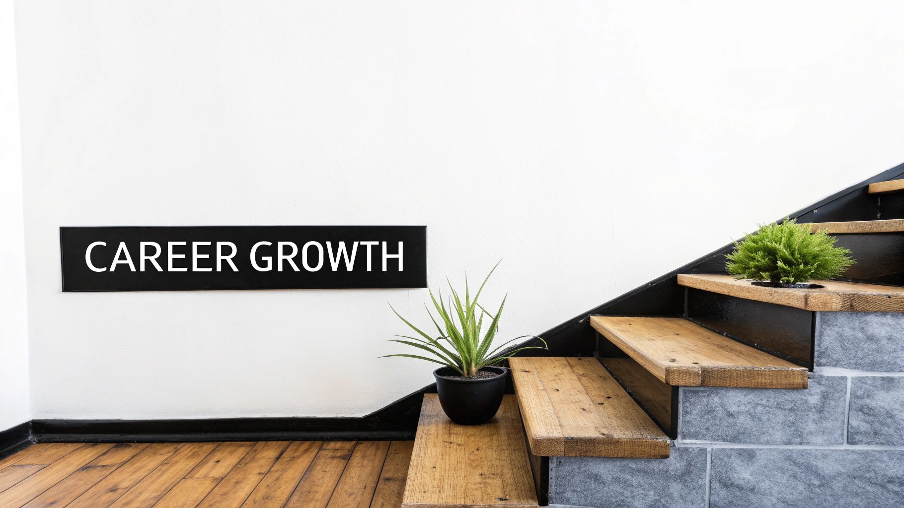 A black sign with 'CAREER GROWTH' in white on a wall next to wooden stairs with plants.