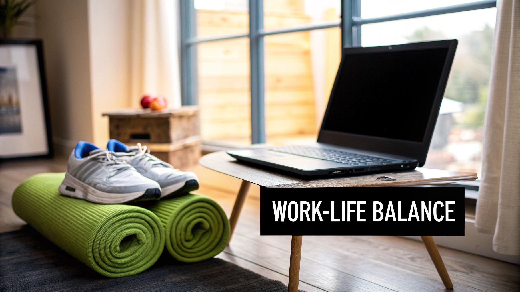 A home office scene featuring a laptop, rolled yoga mats, and athletic shoes, symbolizing work-life balance.