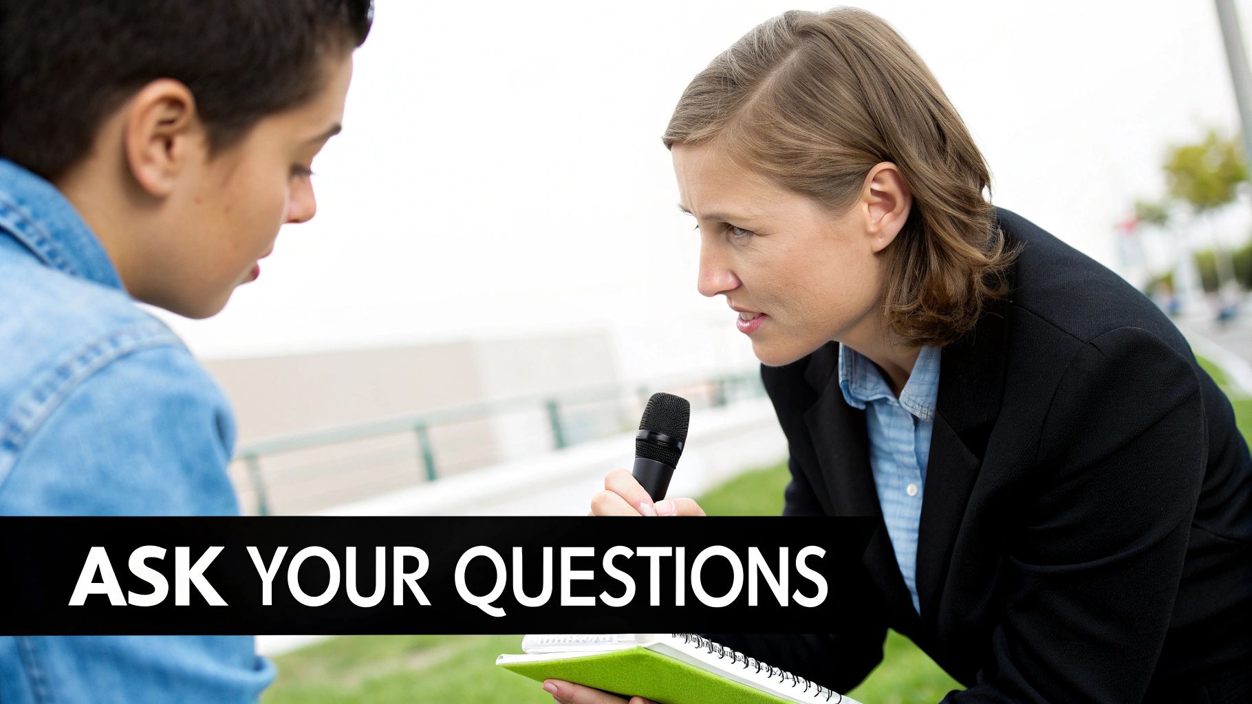 A woman interviewer holds a microphone and notebook, looking intently at a young man, with 'ASK YOUR QUESTIONS' text.