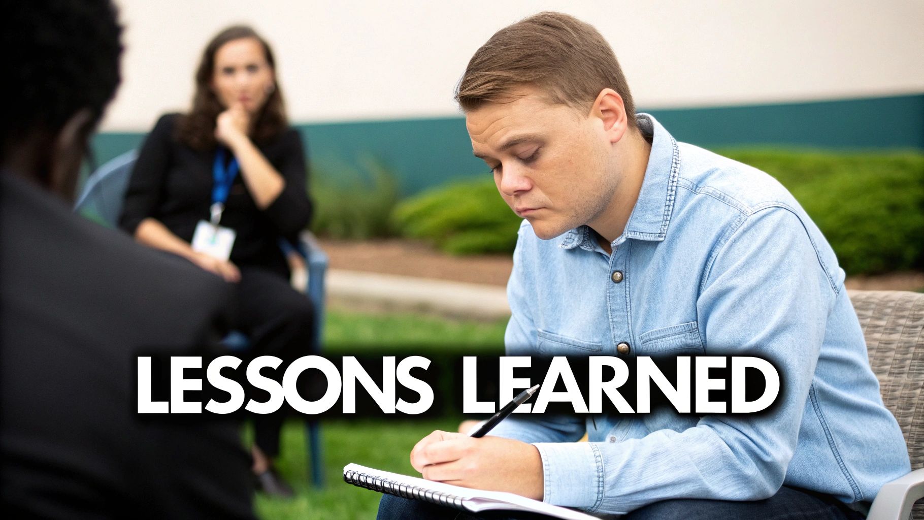A man in a denim shirt intently writes in a notebook during an outdoor discussion.