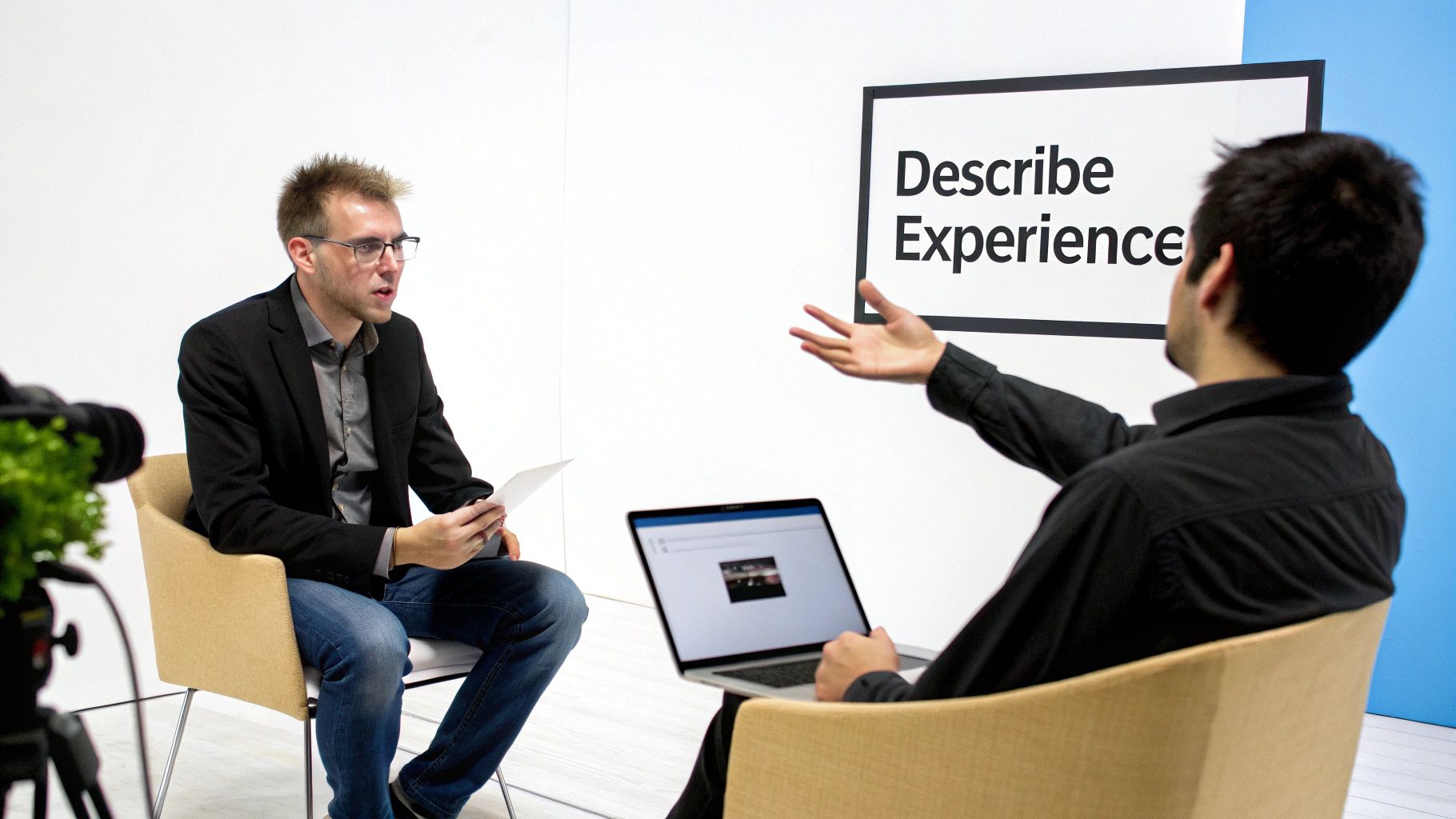 Two men in a professional interview setting, one gesturing towards a 'Describe Experience' sign.