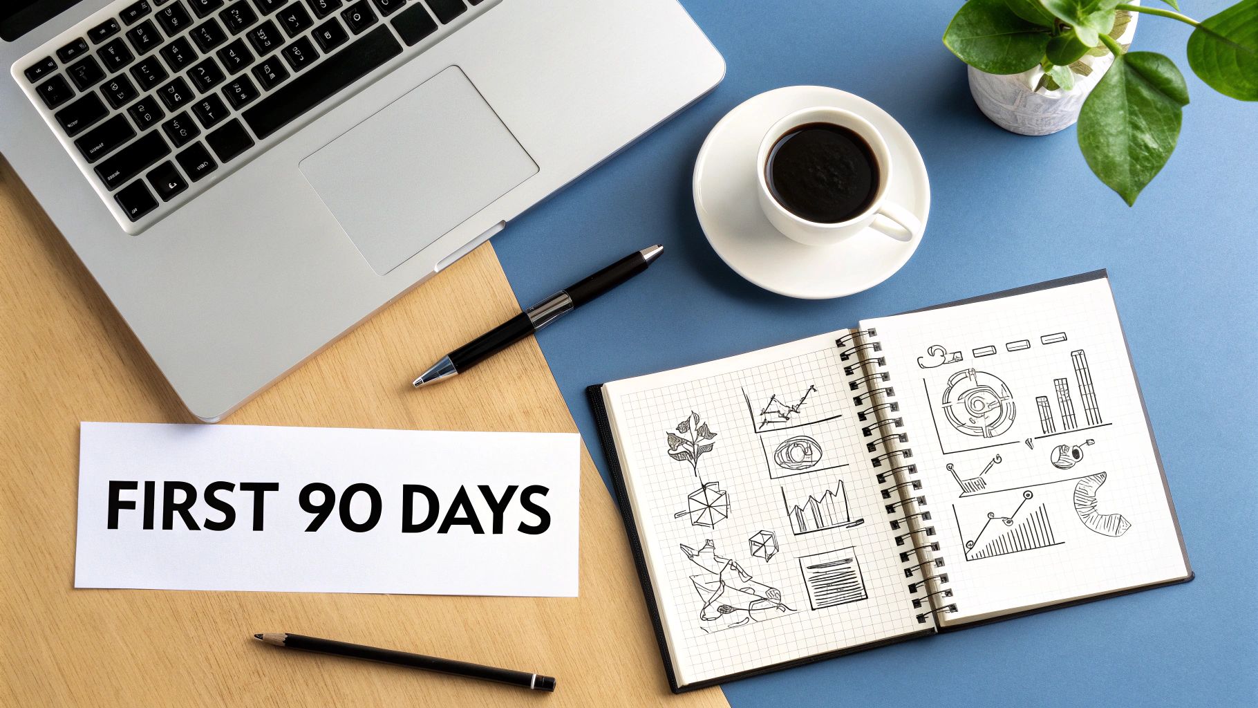 Flat lay of a professional workspace with laptop, coffee, plant, notebook, and 'FIRST 90 DAYS' text.