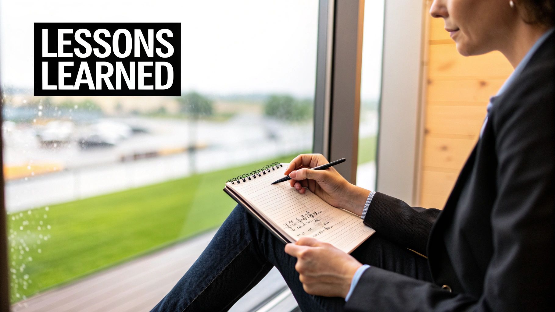 Person by a window writing in a notebook with a pen, "LESSONS LEARNED" overlay.