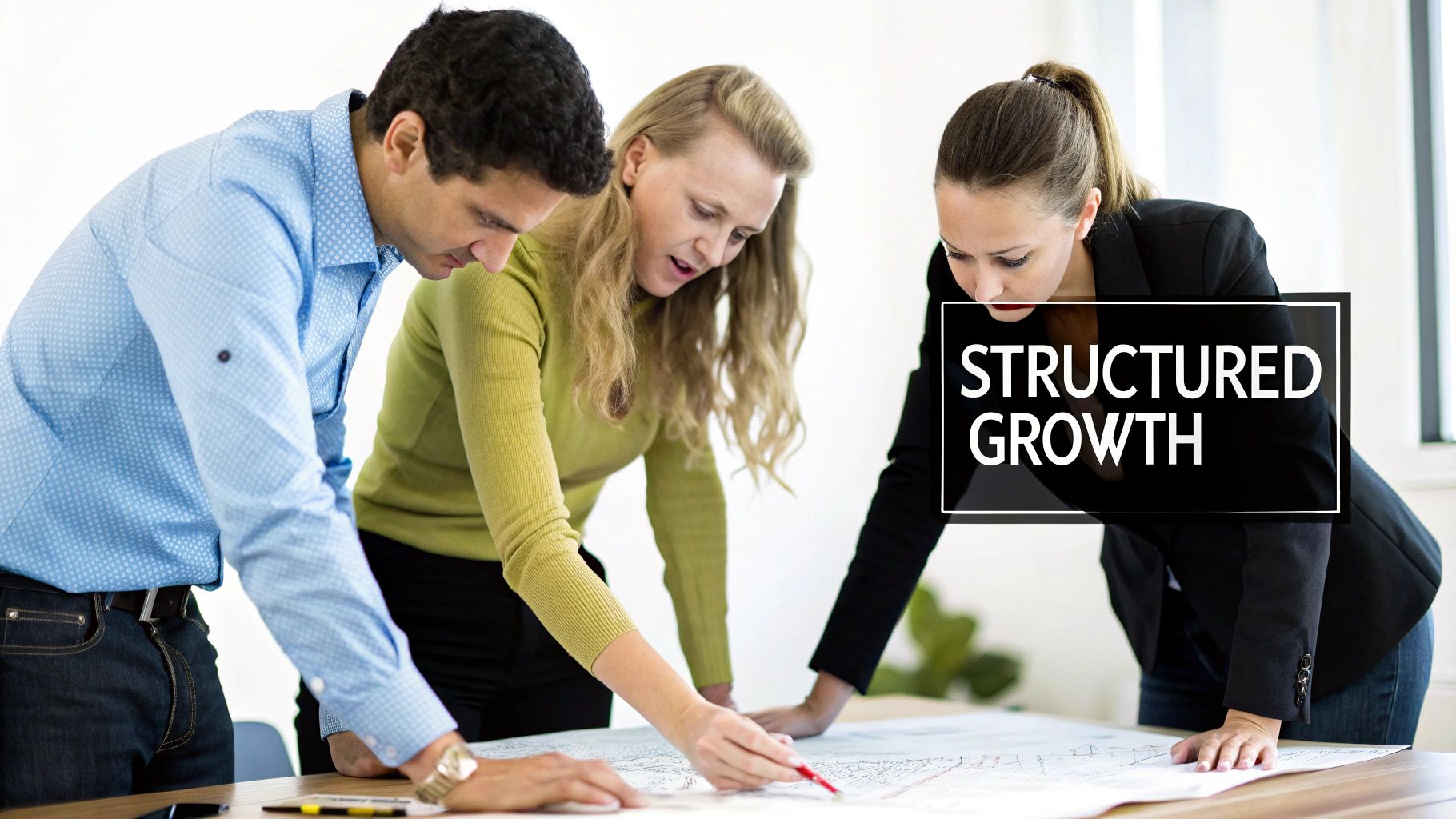 Three diverse professionals lean over a table, collaborating on a document or blueprint for growth.