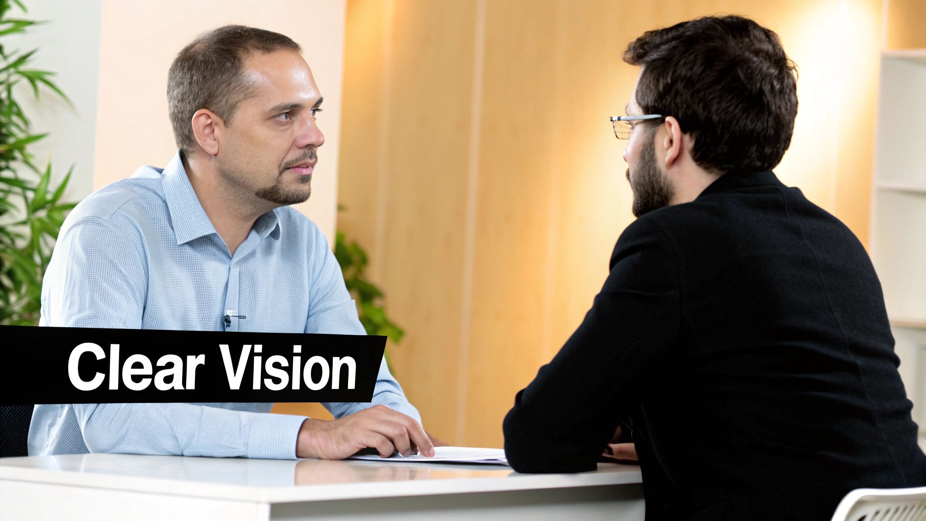 Two men sit at a table, one in a blue shirt with a microphone, during an interview or discussion.