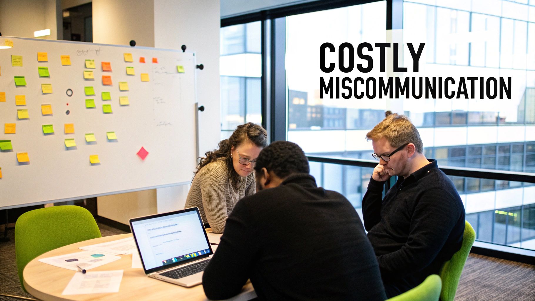 Three colleagues discussing around a table with a laptop, documents, and a whiteboard full of sticky notes.