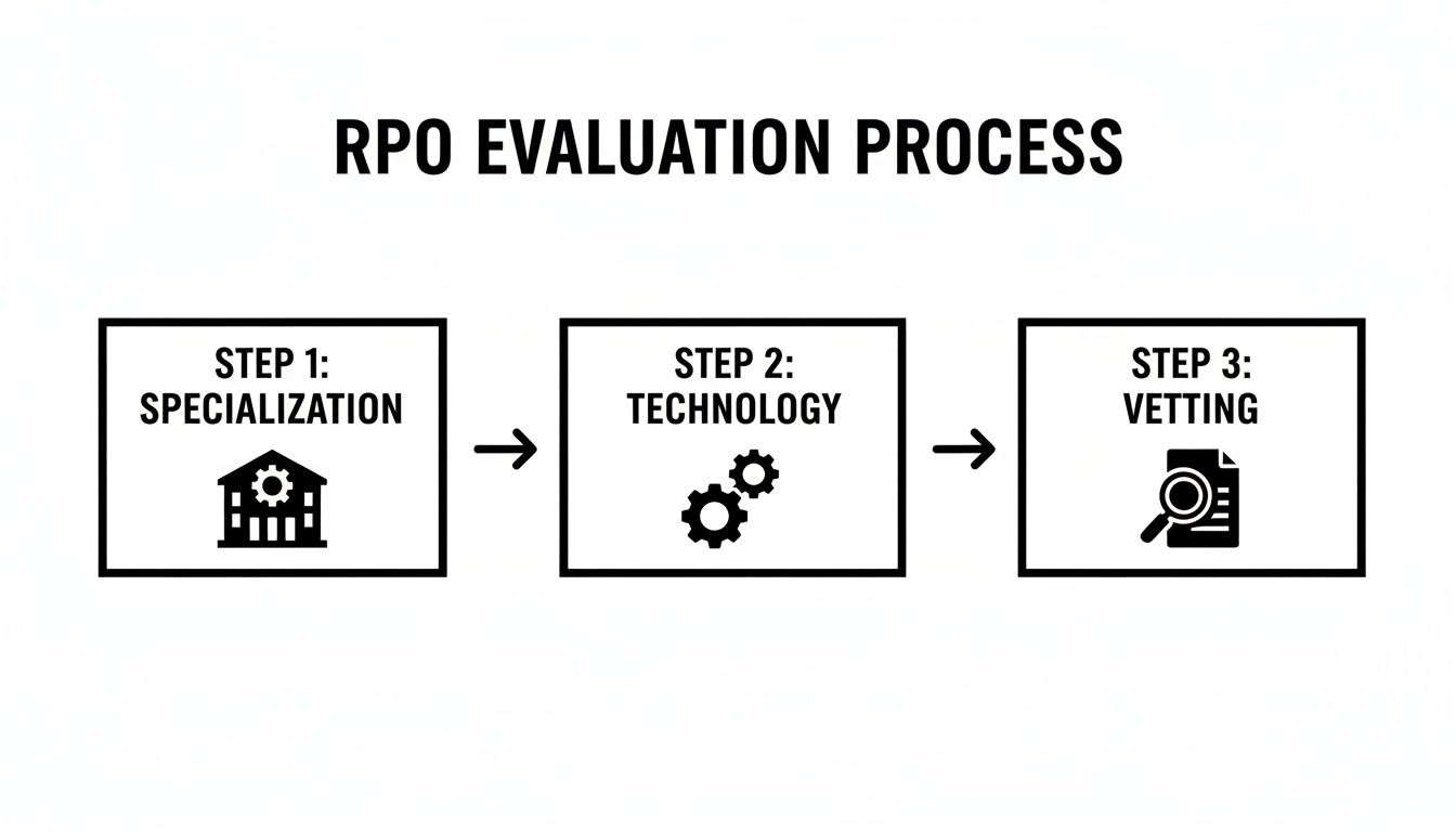 A diagram illustrating the RPO evaluation process, detailing steps for specialization, technology, and vetting.