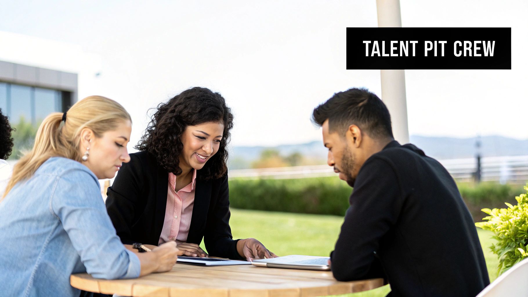 Three diverse professionals discussing documents at an outdoor table, one woman smiling.