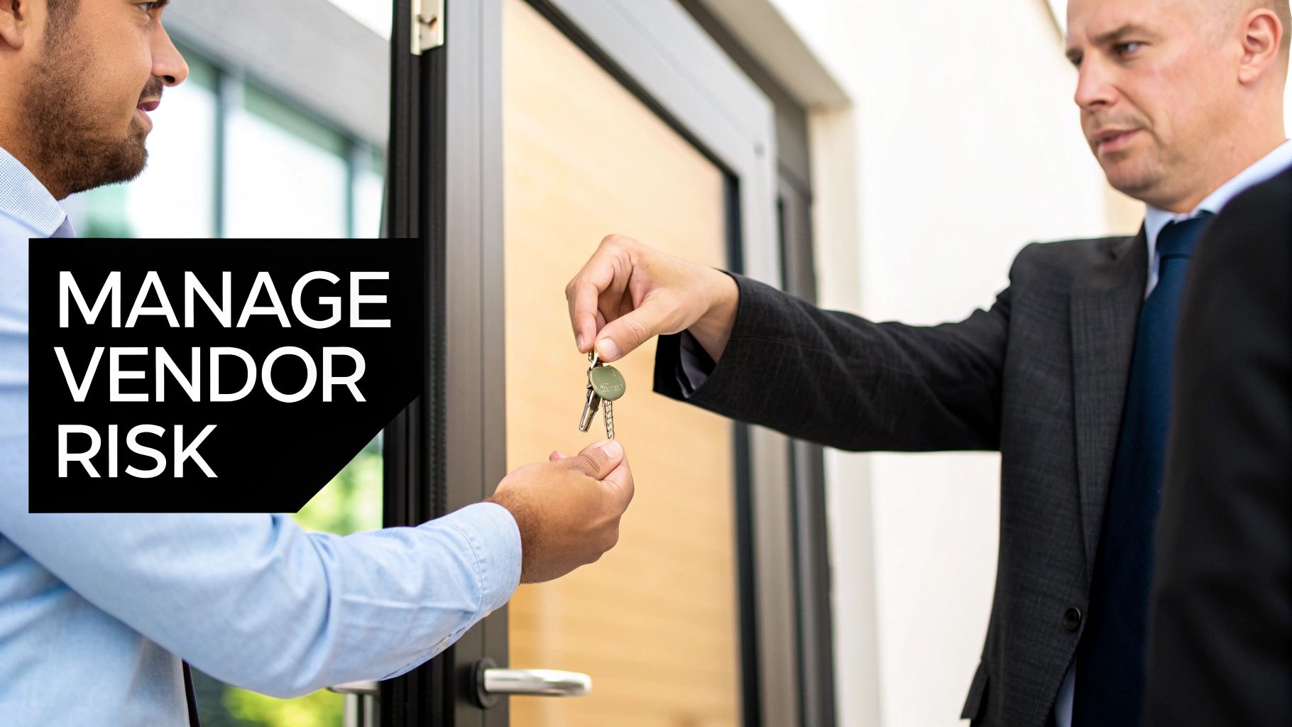 A man in a suit hands over a set of keys to another man, with 'MANAGE VENDOR RISK' text overlay.