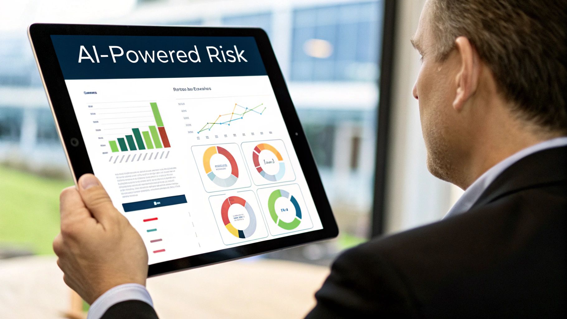 A person holds a tablet displaying an AI-Powered Risk dashboard with various business analytics charts.