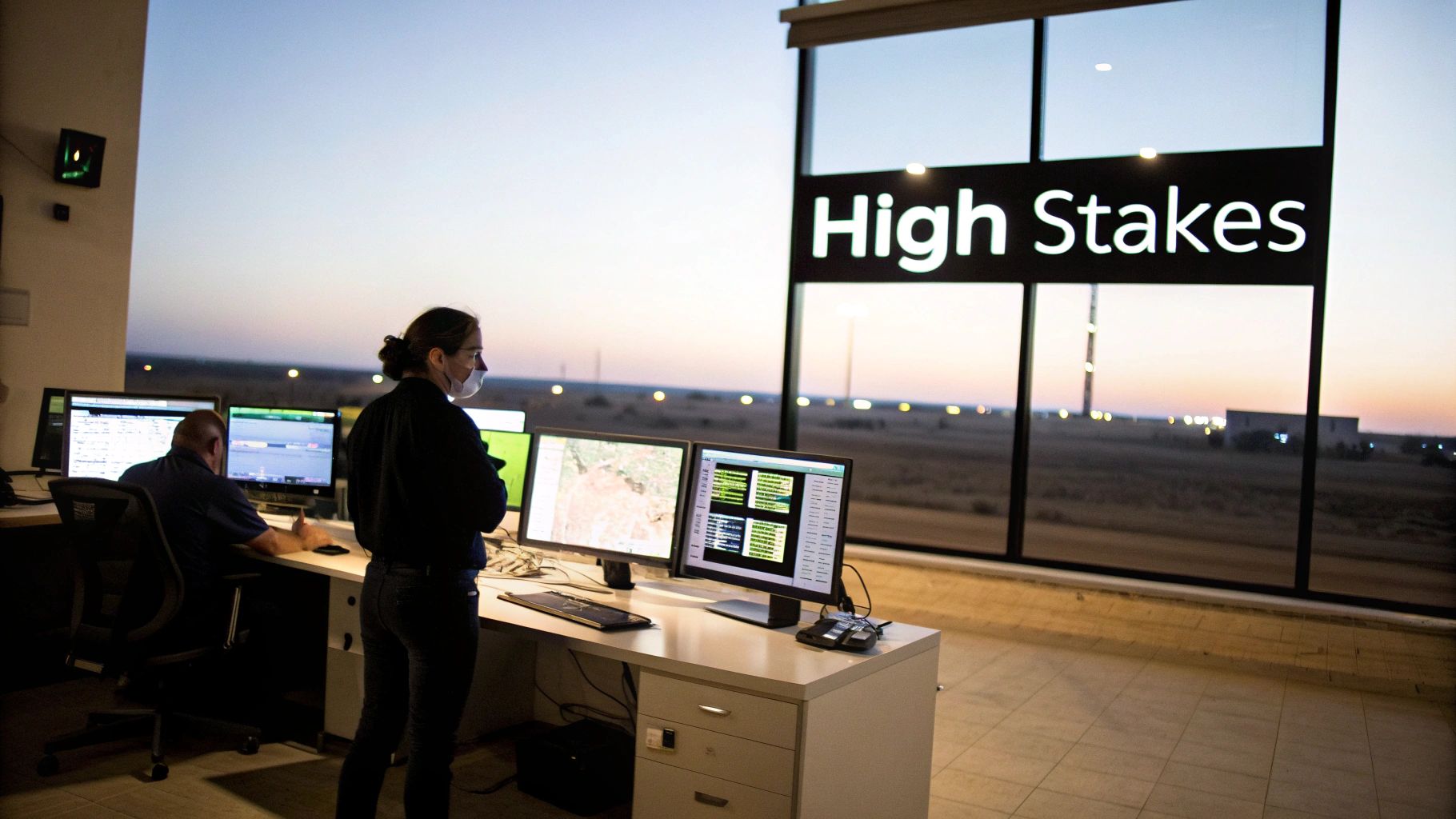 Two professionals, one masked, diligently monitor multiple computer screens in a secure control room at dusk.