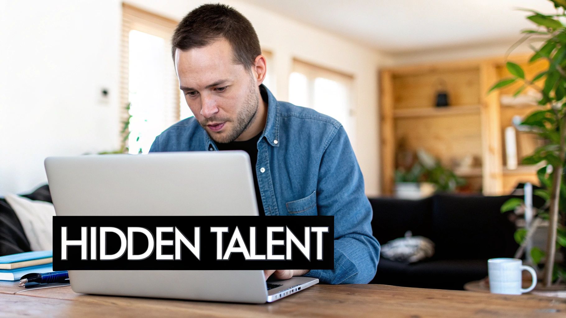 A man in a denim shirt intently working on a laptop, with 'HIDDEN TALENT' text.