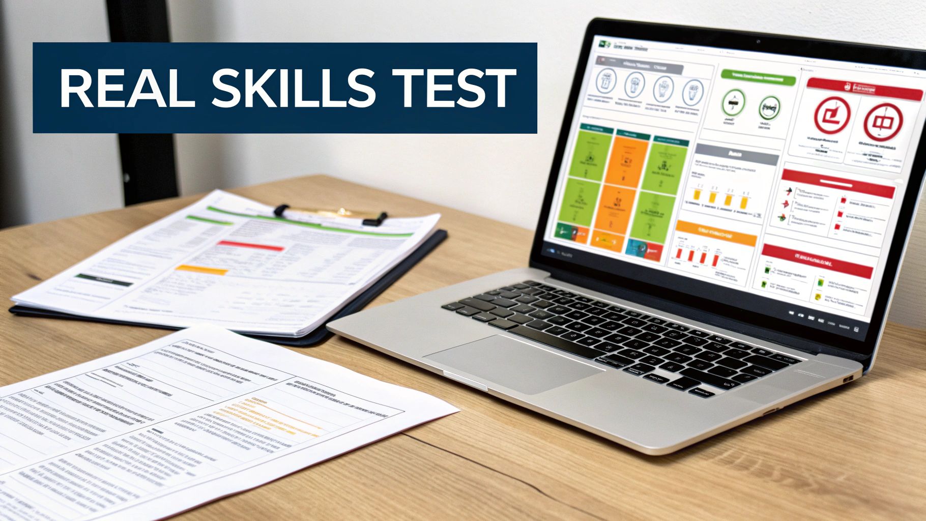 A laptop displaying a "REAL SKILLS TEST" dashboard with charts, beside assessment papers on a desk.
