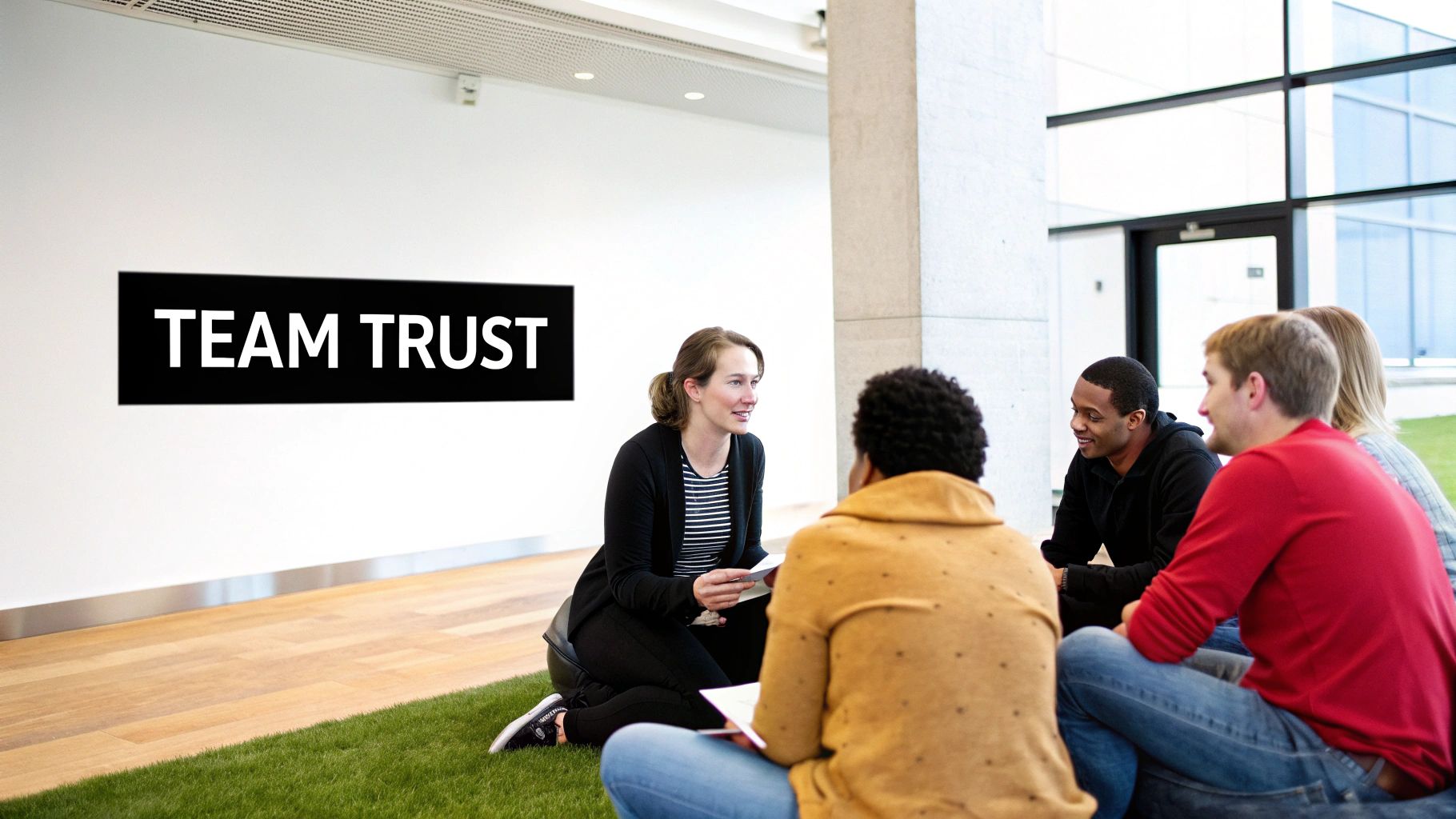A diverse group of five people discussing on a grass patch in an office with a 'TEAM TRUST' sign.