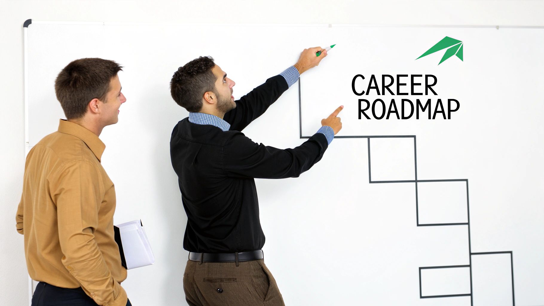 Two men discuss a career roadmap drawn on a whiteboard with an upward arrow graphic.