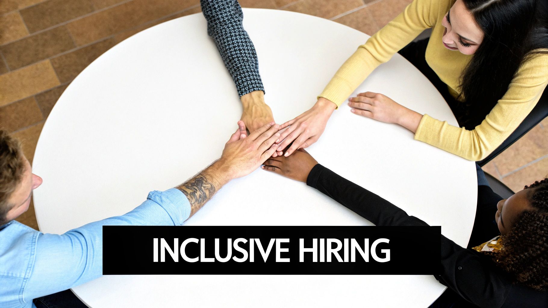 Diverse team's hands stacked on a white table, with 'INCLUSIVE HIRING' text visible.