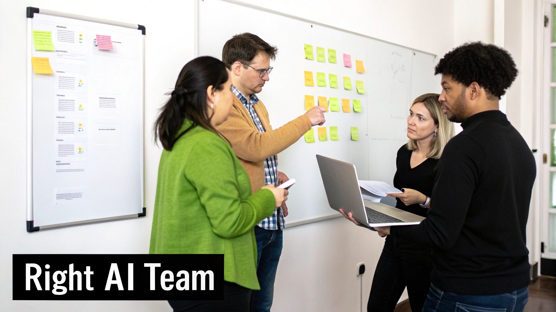 A diverse AI team collaborates, brainstorming ideas with sticky notes, laptops, and a whiteboard.