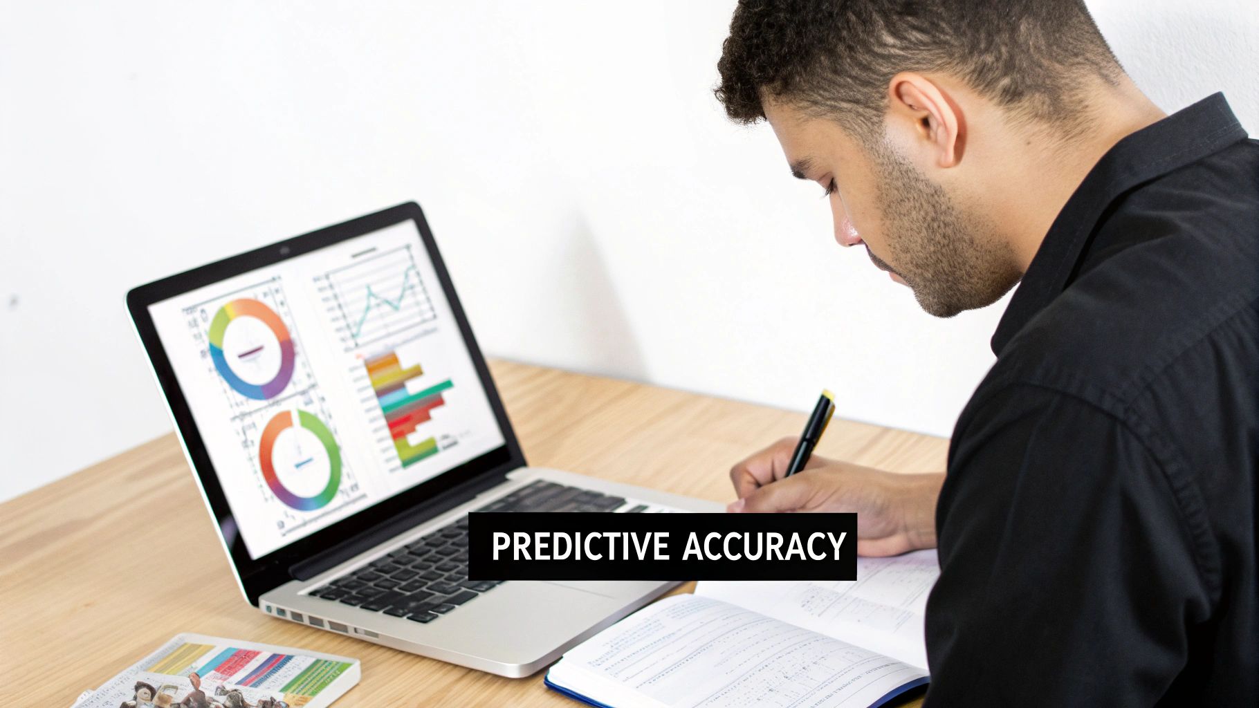 Man writing in a notebook with a laptop showing data charts, emphasizing predictive accuracy.
