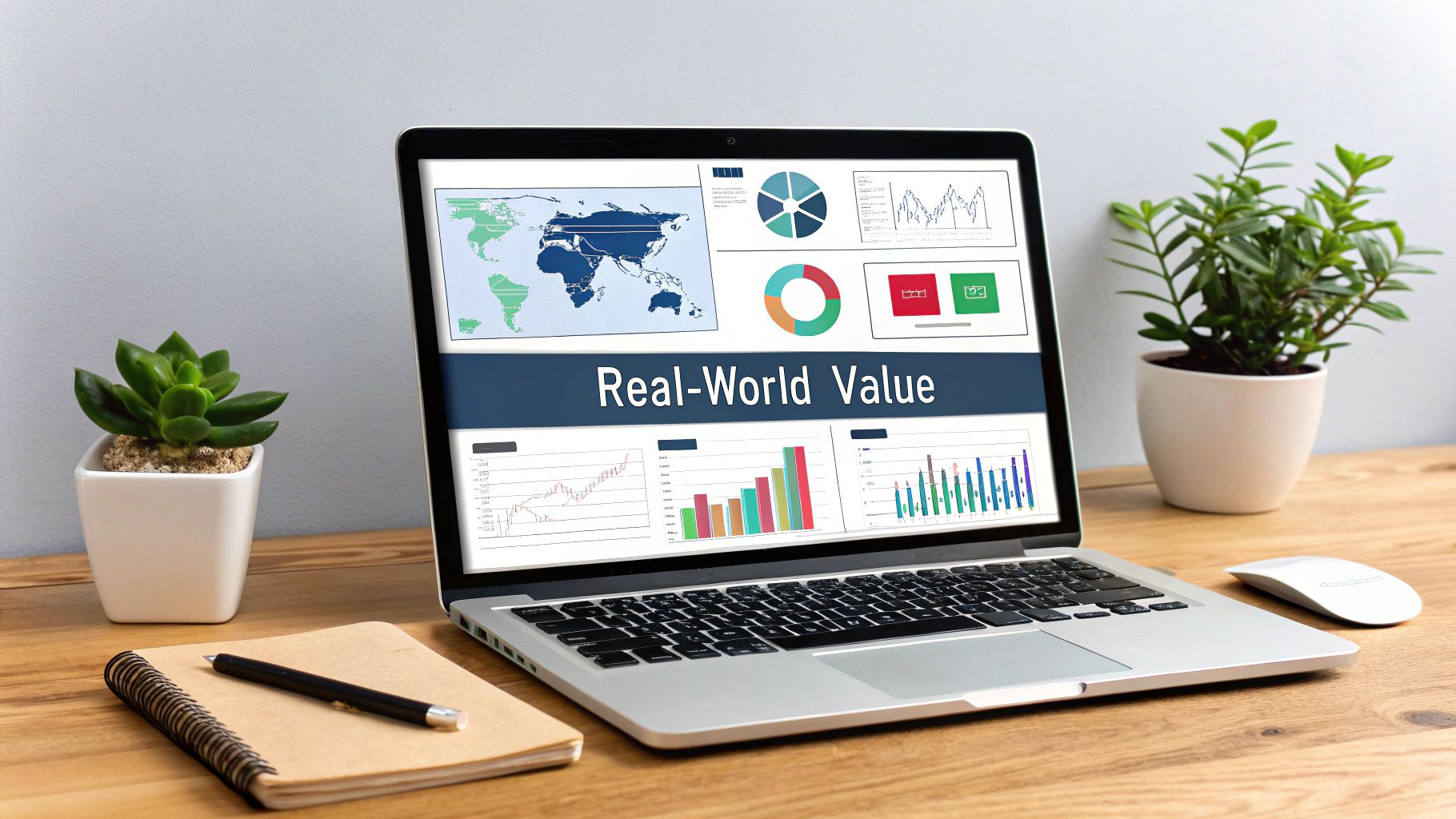 A laptop displaying data visualizations, including maps and charts, with 'Real-World Value' text on a wooden desk.