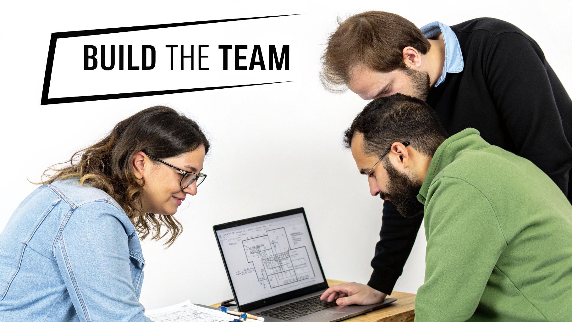 Three colleagues collaborate on a project, viewing architectural plans on a laptop with 'BUILD THE TEAM' text.