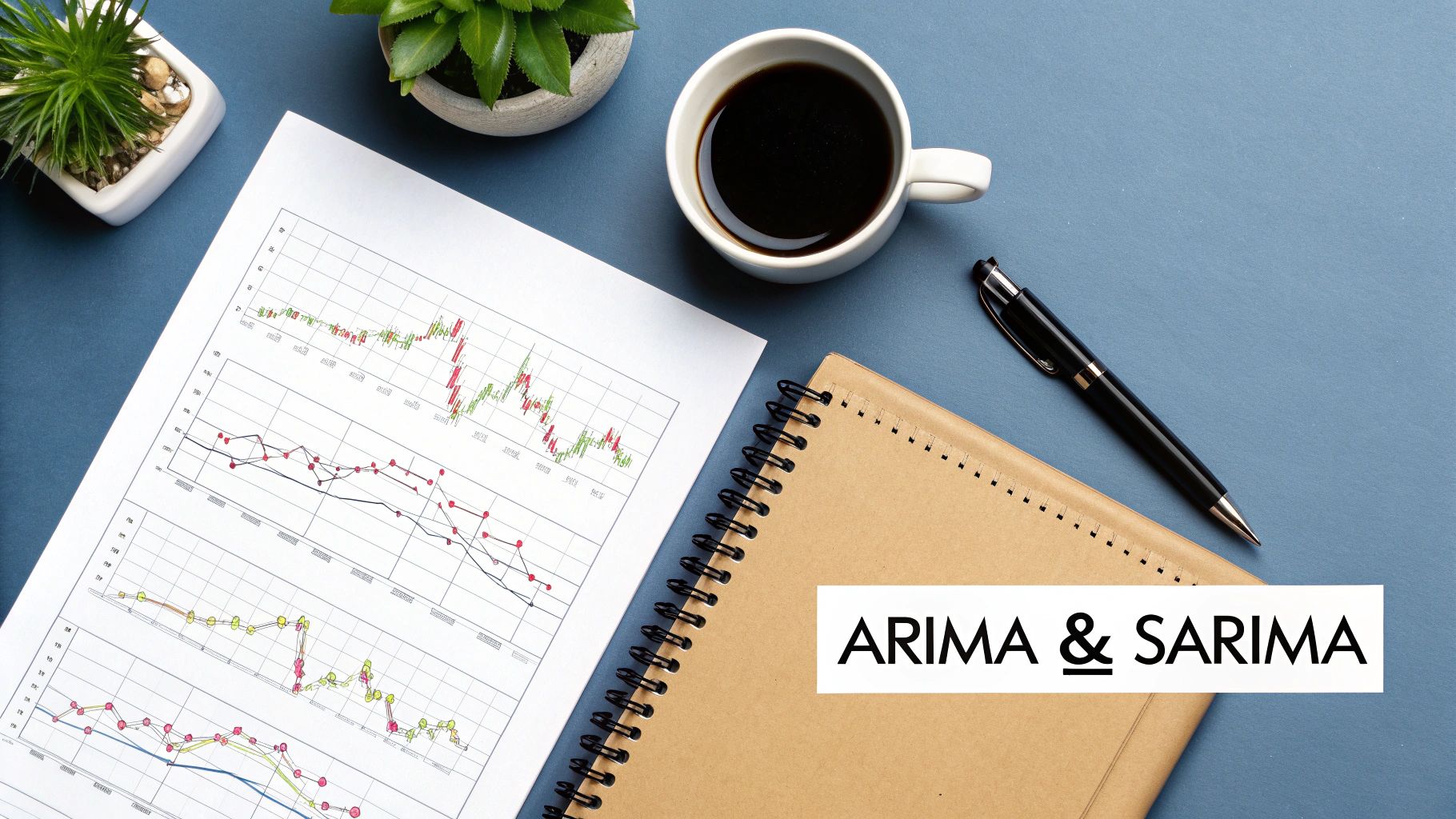 A desk flat lay showing financial charts, coffee, and a notebook with 'ARIMA & SARIMA' text.