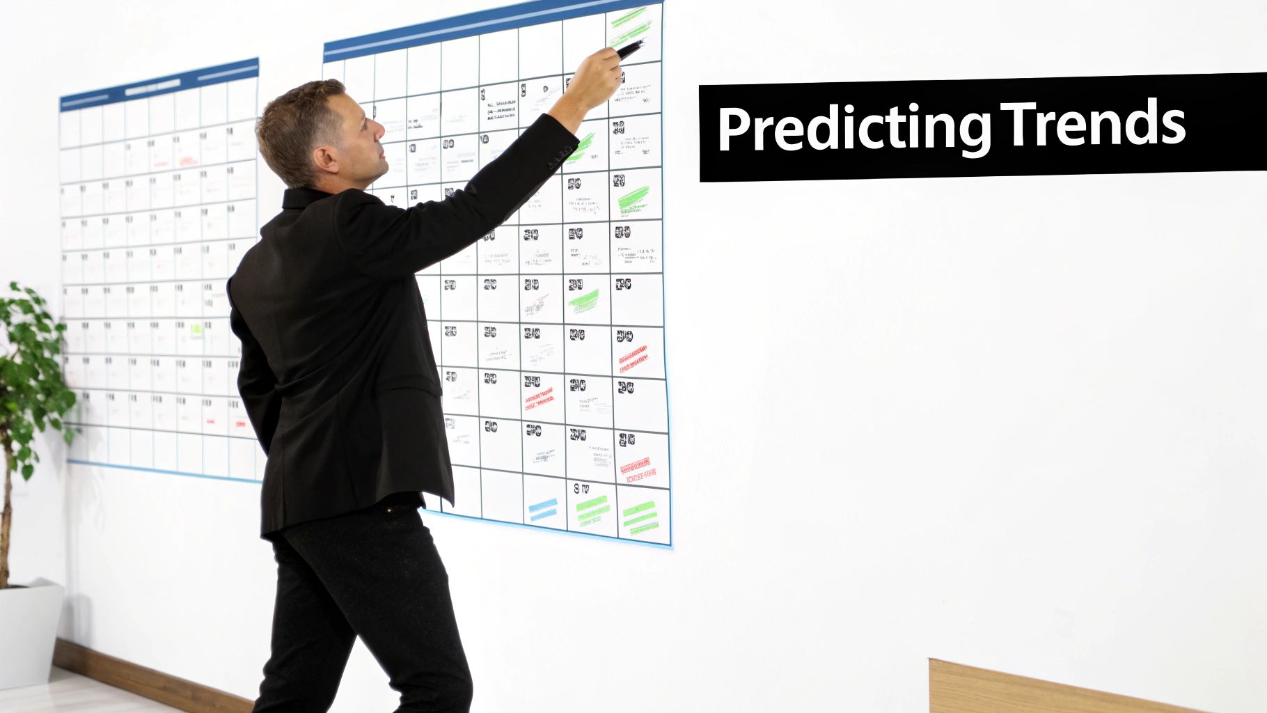 A man in a suit points at a large calendar planning board, with text 'Predicting Trends'.