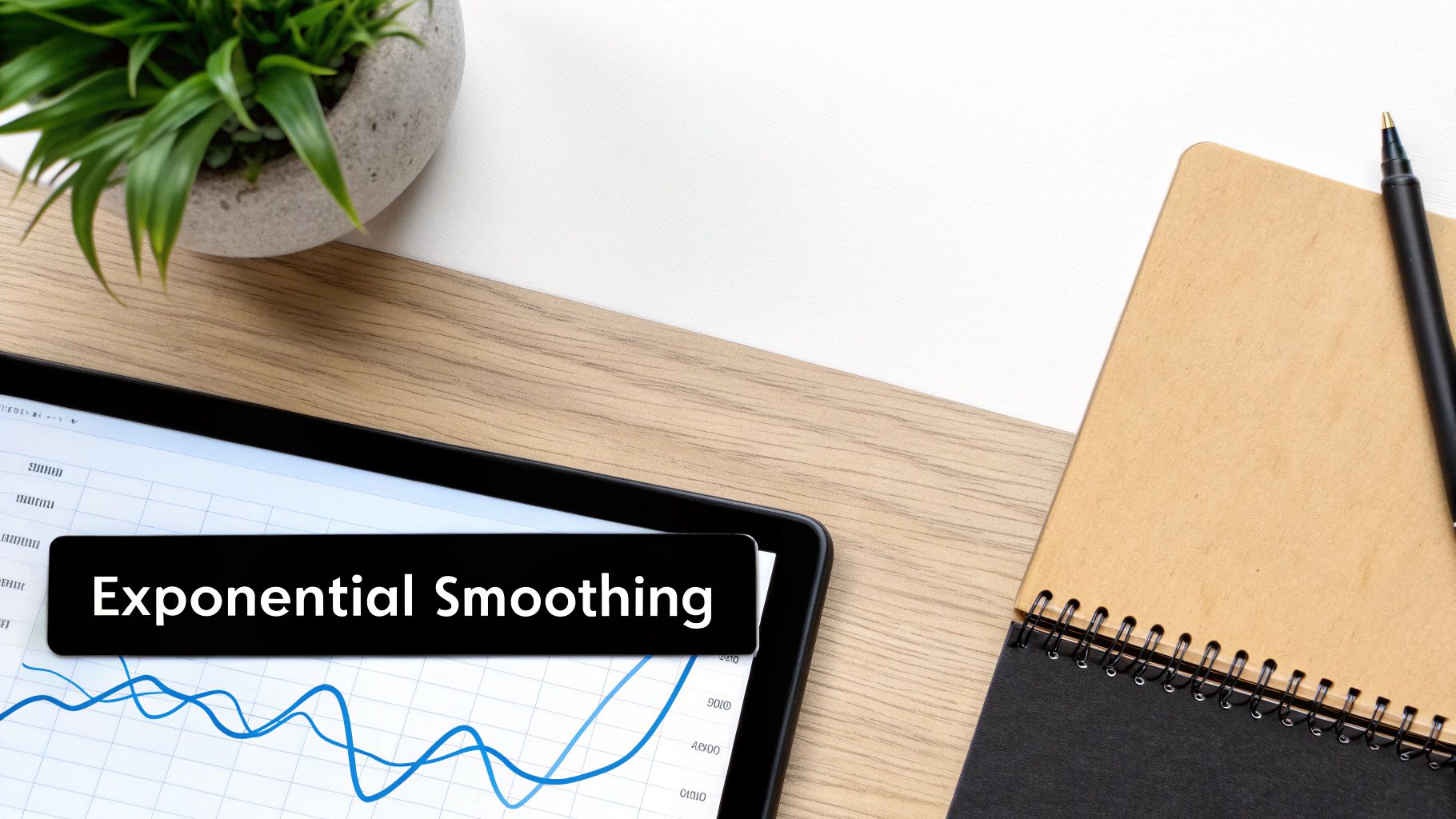 A top-down view of a desk with a tablet displaying 'Exponential Smoothing' on a graph, a plant, and a notebook.