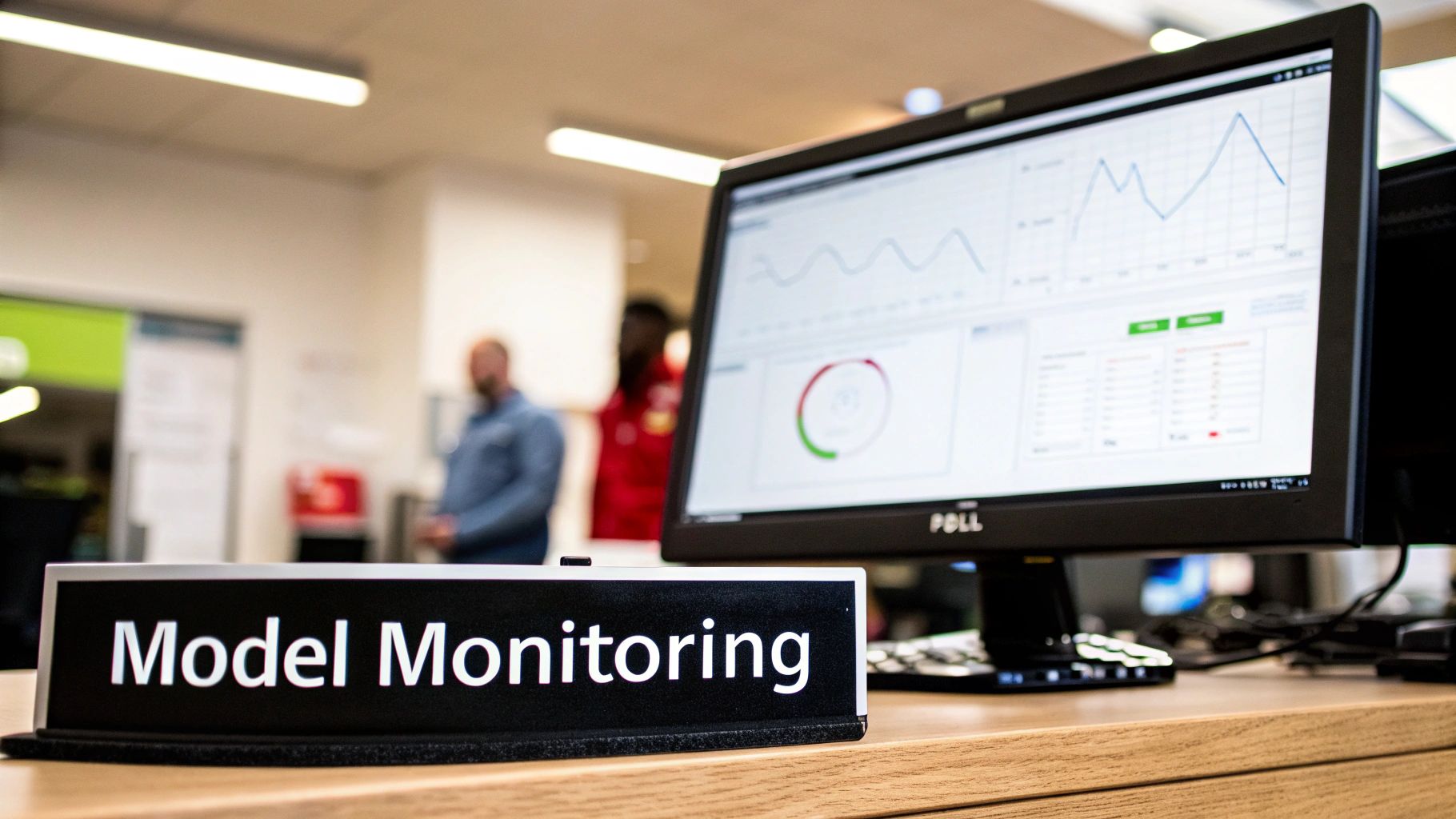 A computer monitor displays data graphs for model performance, with a 'Model Monitoring' sign on a desk.