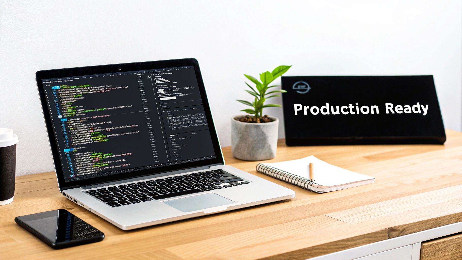 A laptop displaying code, a smartphone, coffee, and a "Production Ready" sign on a wooden desk.