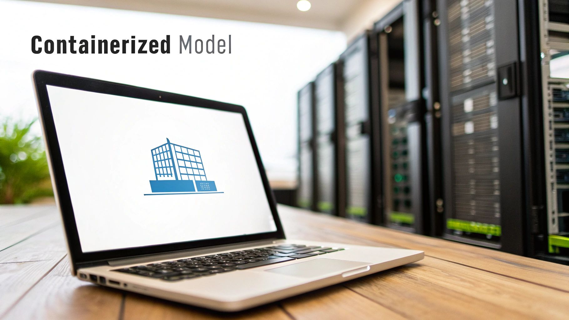 A laptop displaying a containerized model icon on its screen, with server racks in a data center.