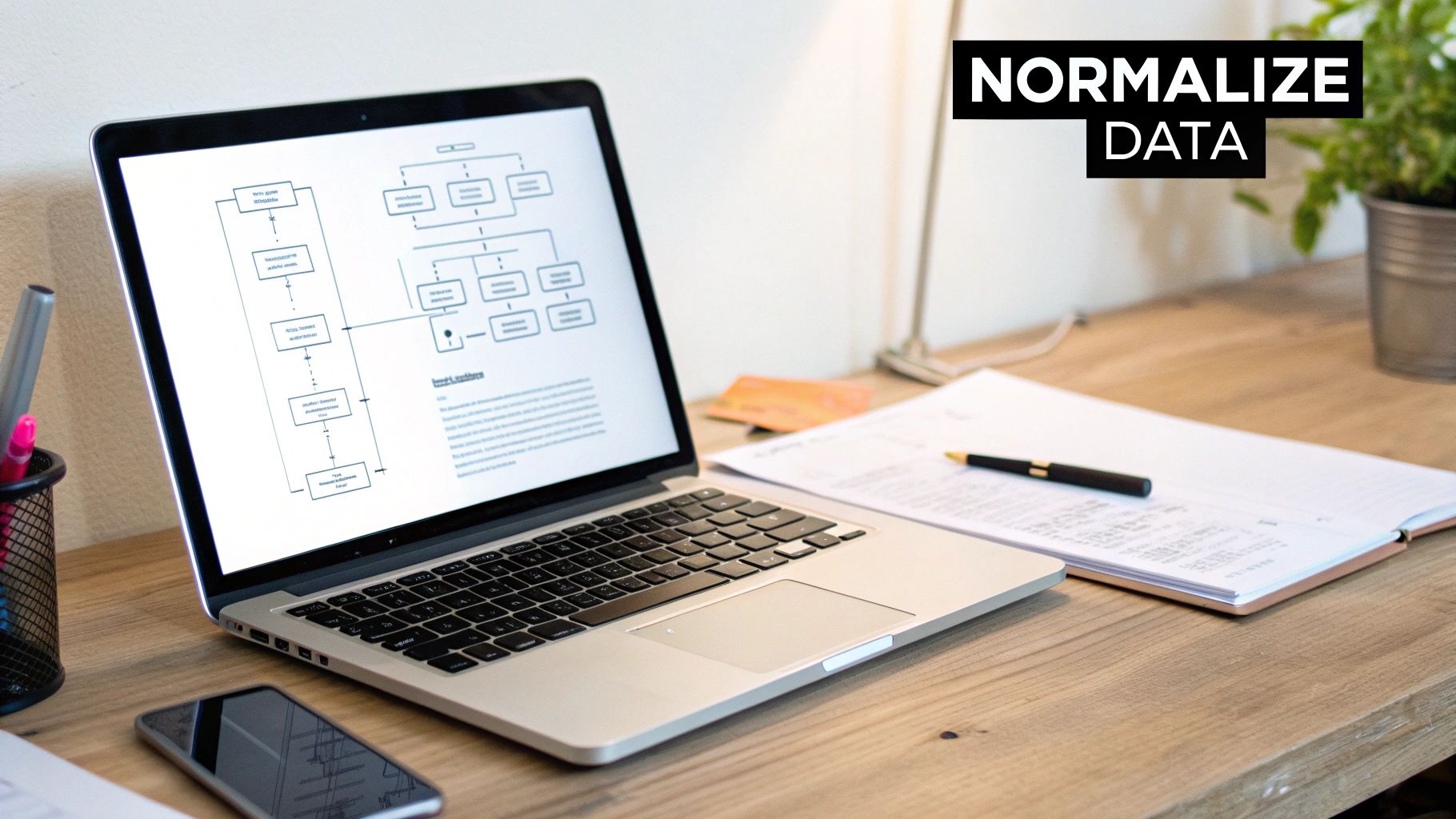 A laptop displaying a data flowchart on a wooden desk, with 'NORMALIZE DATA' text overlay.