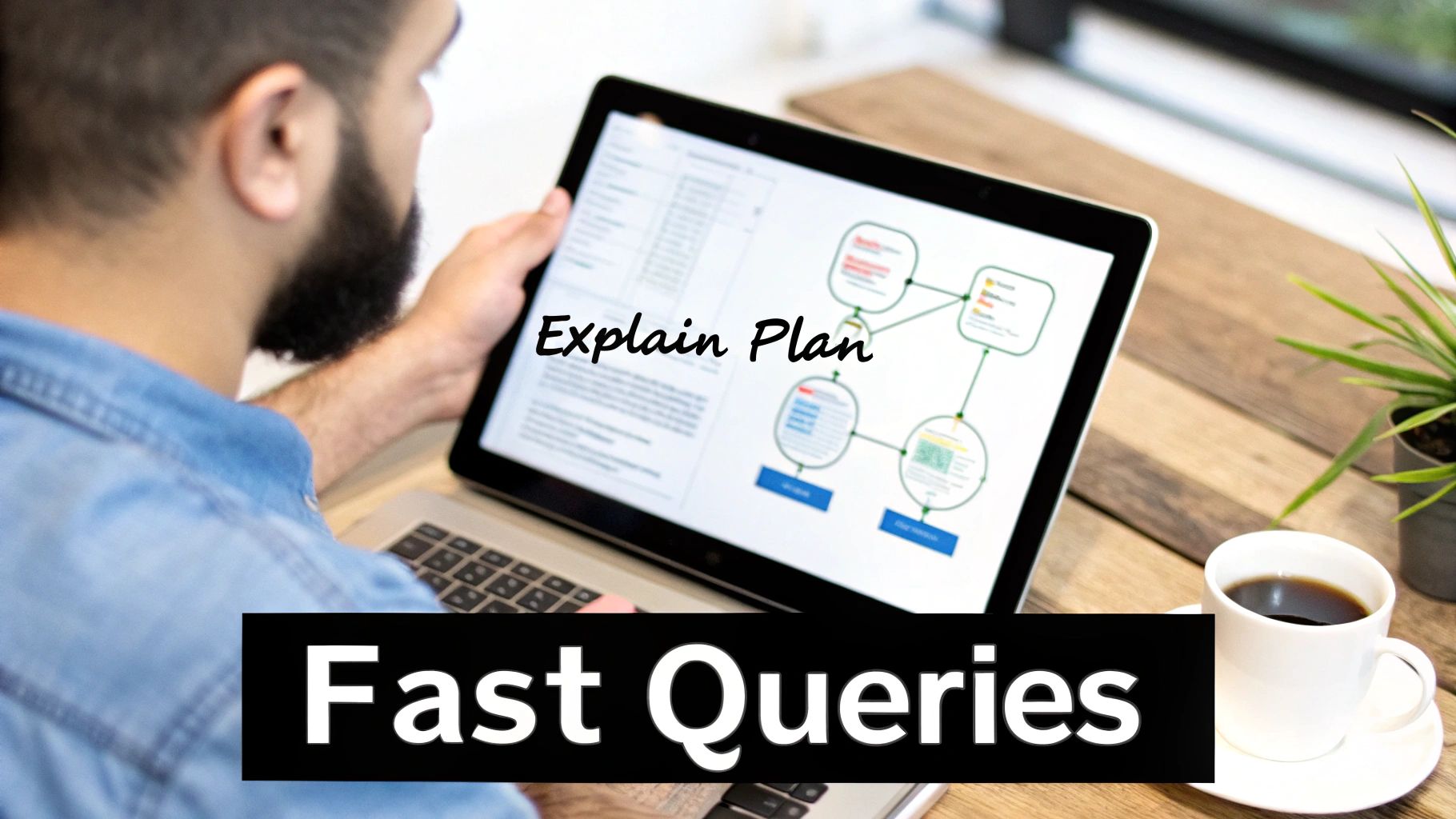 A person looking at a laptop screen displaying a database query execution plan with "Explain Plan" and "Fast Queries" text.