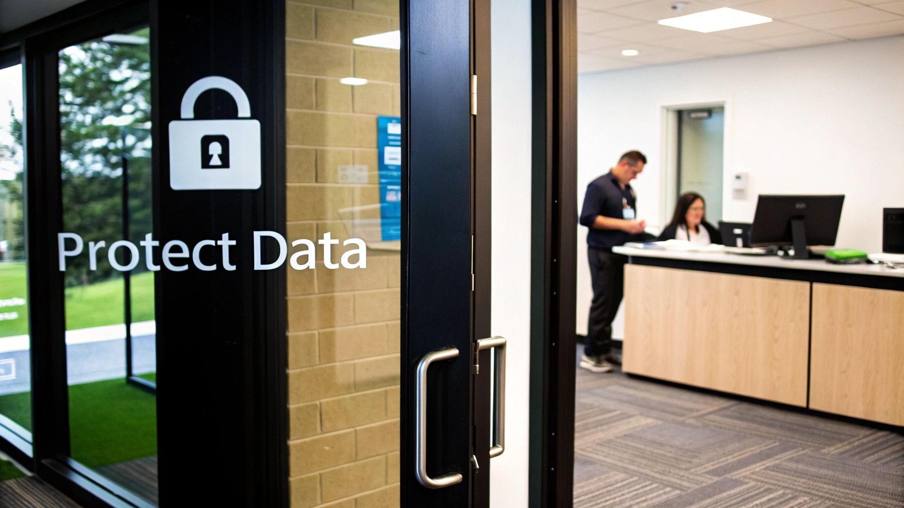A glass door with a 'Protect Data' sign and padlock icon, with two people working inside an office.