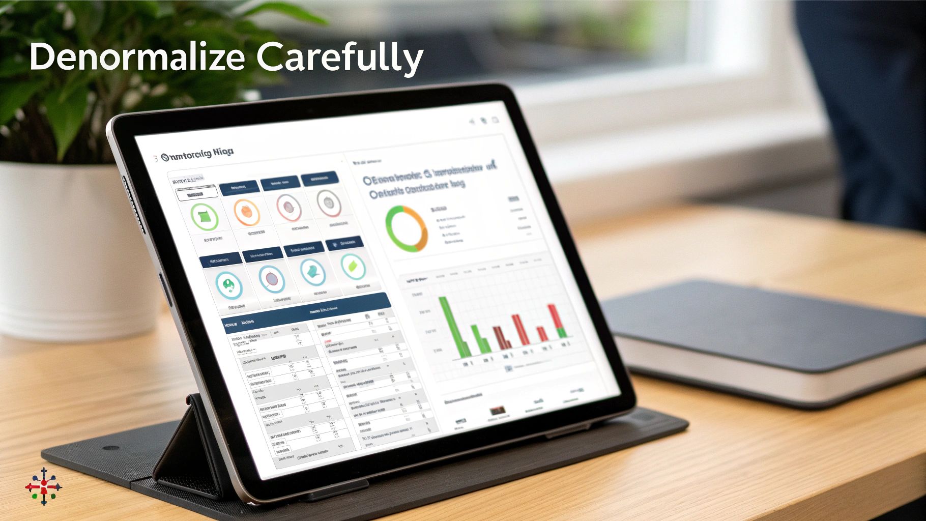 A tablet on a wooden desk displays a data dashboard with charts, emphasizing careful denormalization.