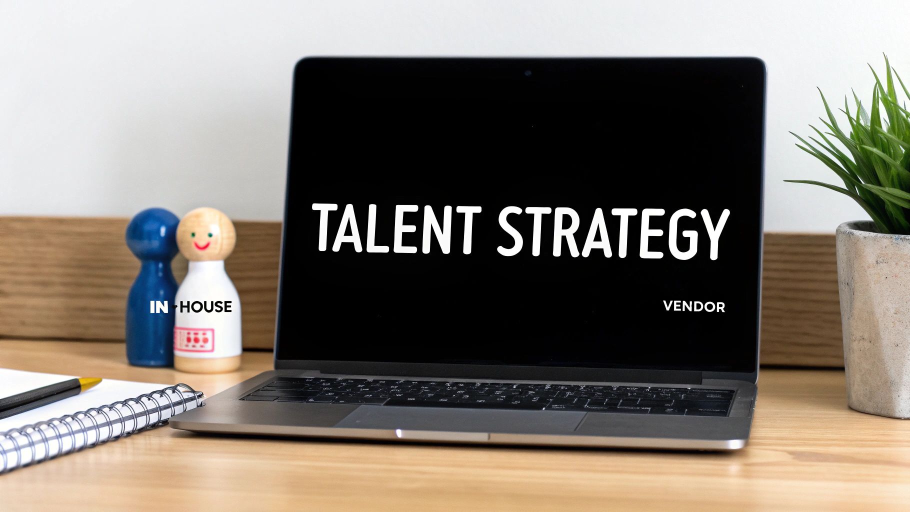 Laptop screen showing 'TALENT STRATEGY' with 'IN-HOUSE' and 'VENDOR' options, depicting business choices.