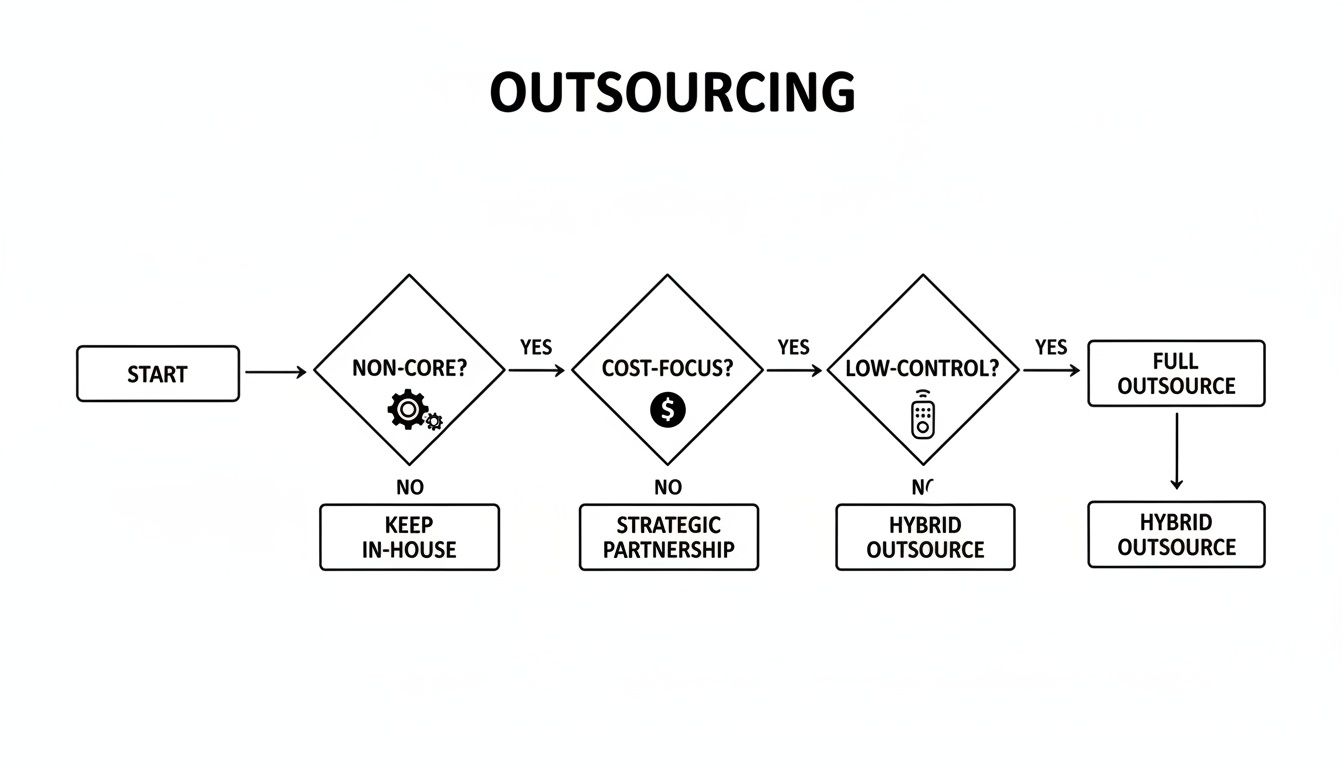 A flowchart detailing the outsourcing decision process based on core function, cost-focus, and control.
