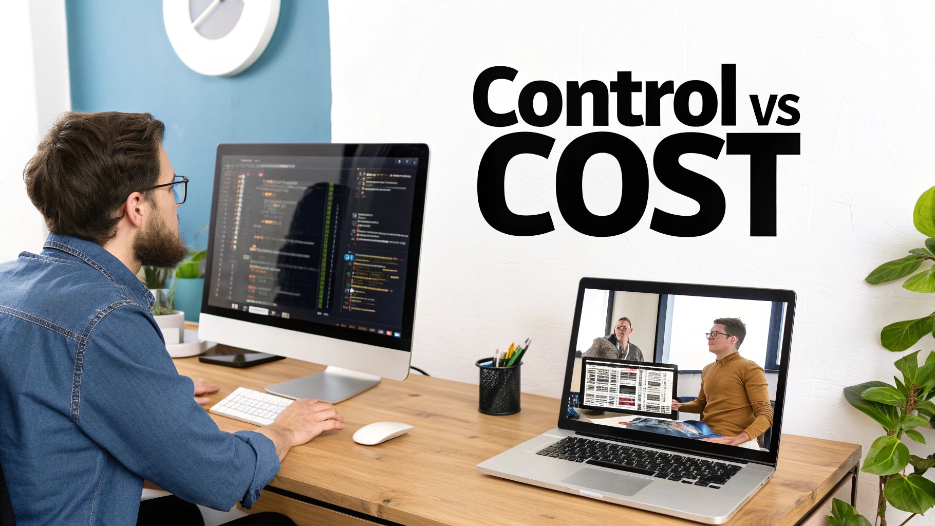 A developer coding on a desktop computer, with a laptop showing a video call and 'Control vs COST' text.