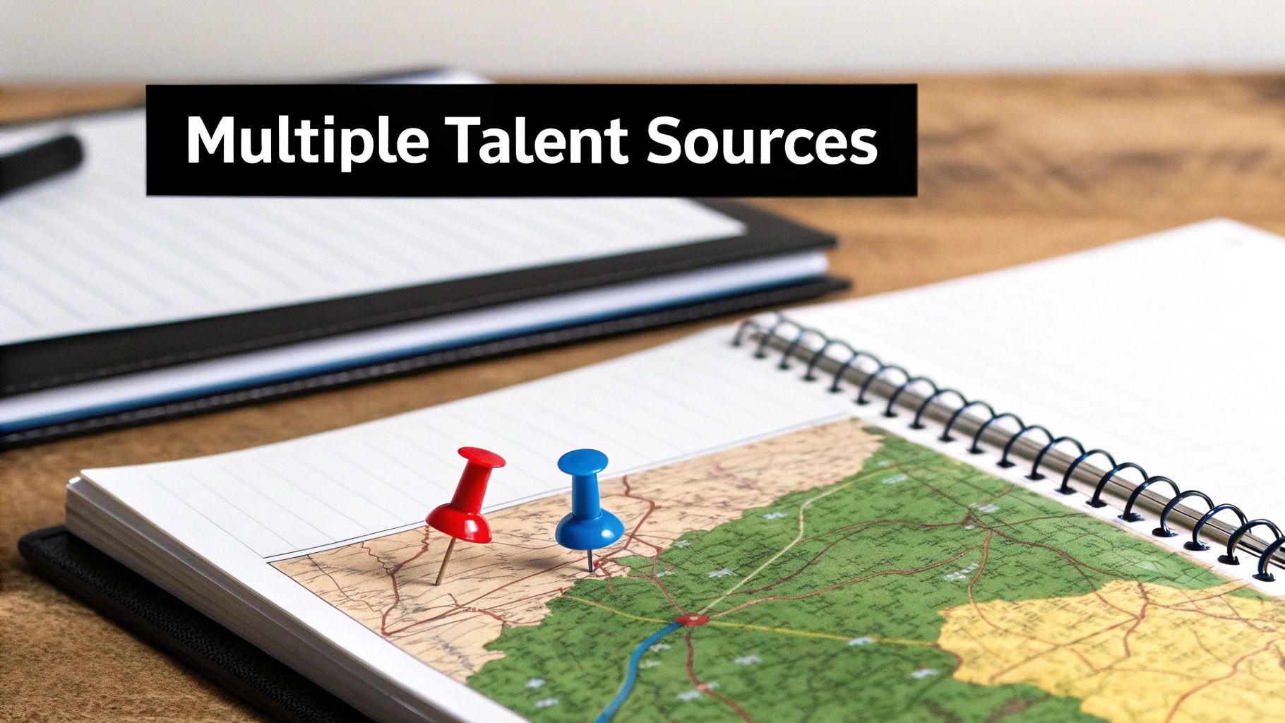 An open notebook with a map marked by red and blue pushpins, featuring text 'Multiple Talent Sources'.